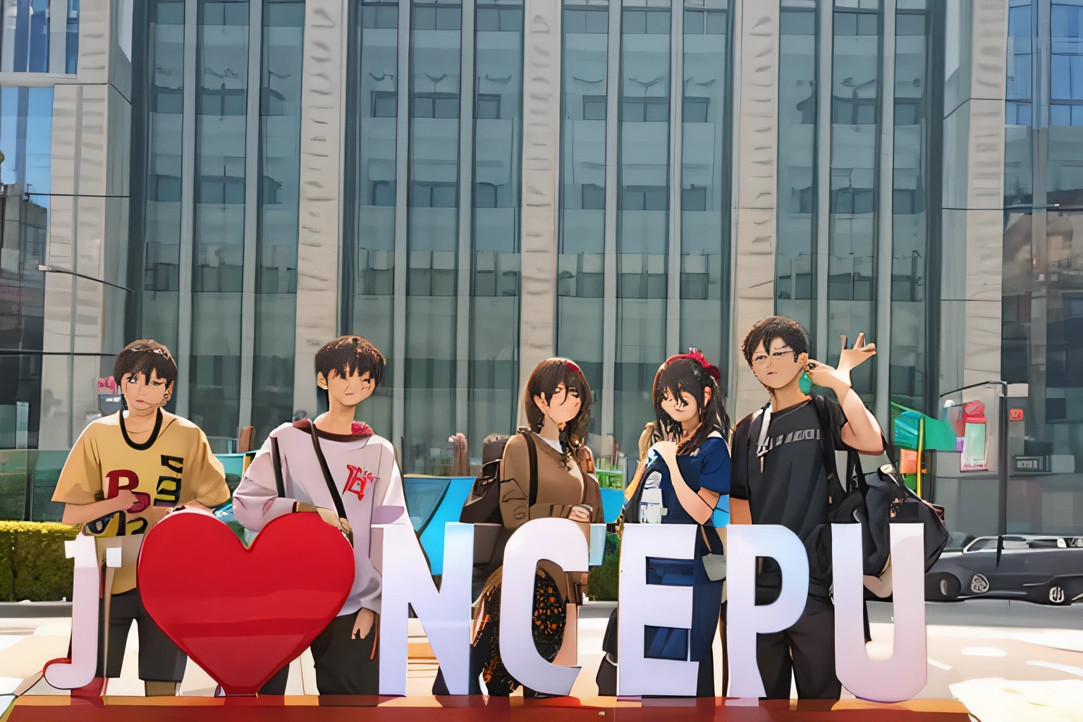 A group photo of five people in the picture，Two men and three women