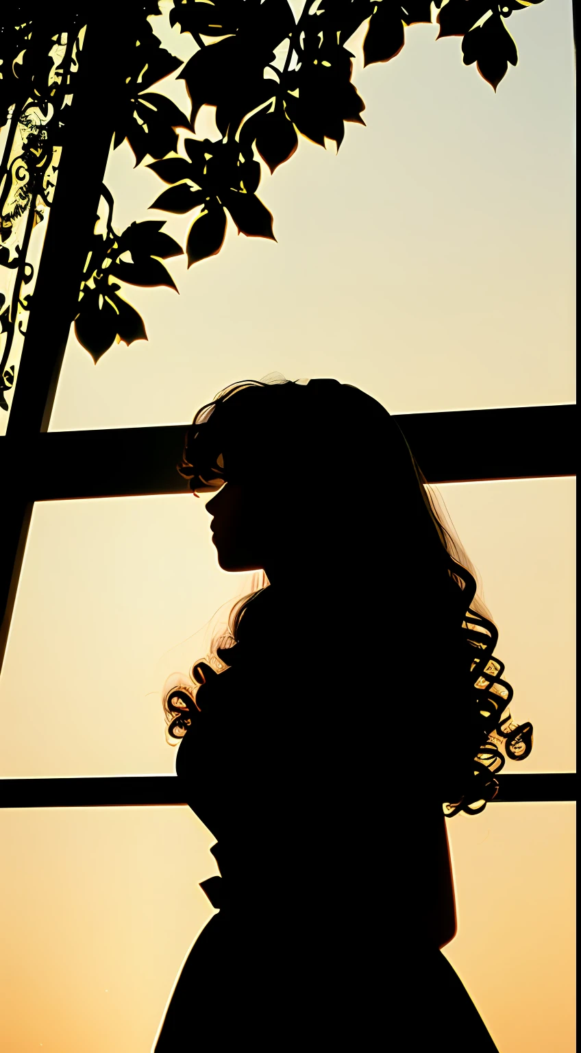 black hair, curly hair, ribbon, closed eyes, Verism, film grain, silhouette, from below, Sony FE GM, retina --auto