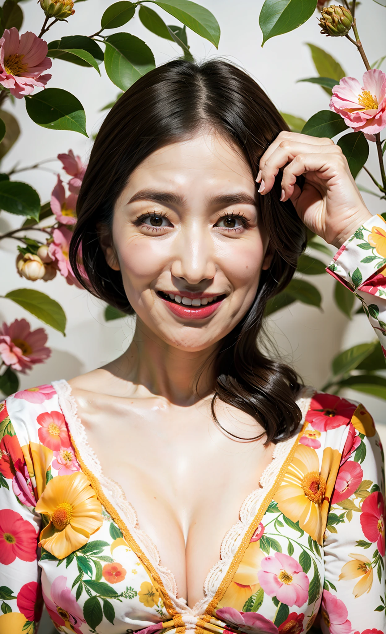 top-quality, masterpiece, hight resolution, Original, highly detailed wallpaper, Viewer's Perspective, Solo, portlate, (Perfect litthing), 70yo, Mature Woman Body Set, Exposing breasts, showing teeth, Staring at this, Floral background, undergarment, (Mature), Natural wrinkles, ultra-realistic, Natural skin, Natural hair color, {{milf}},