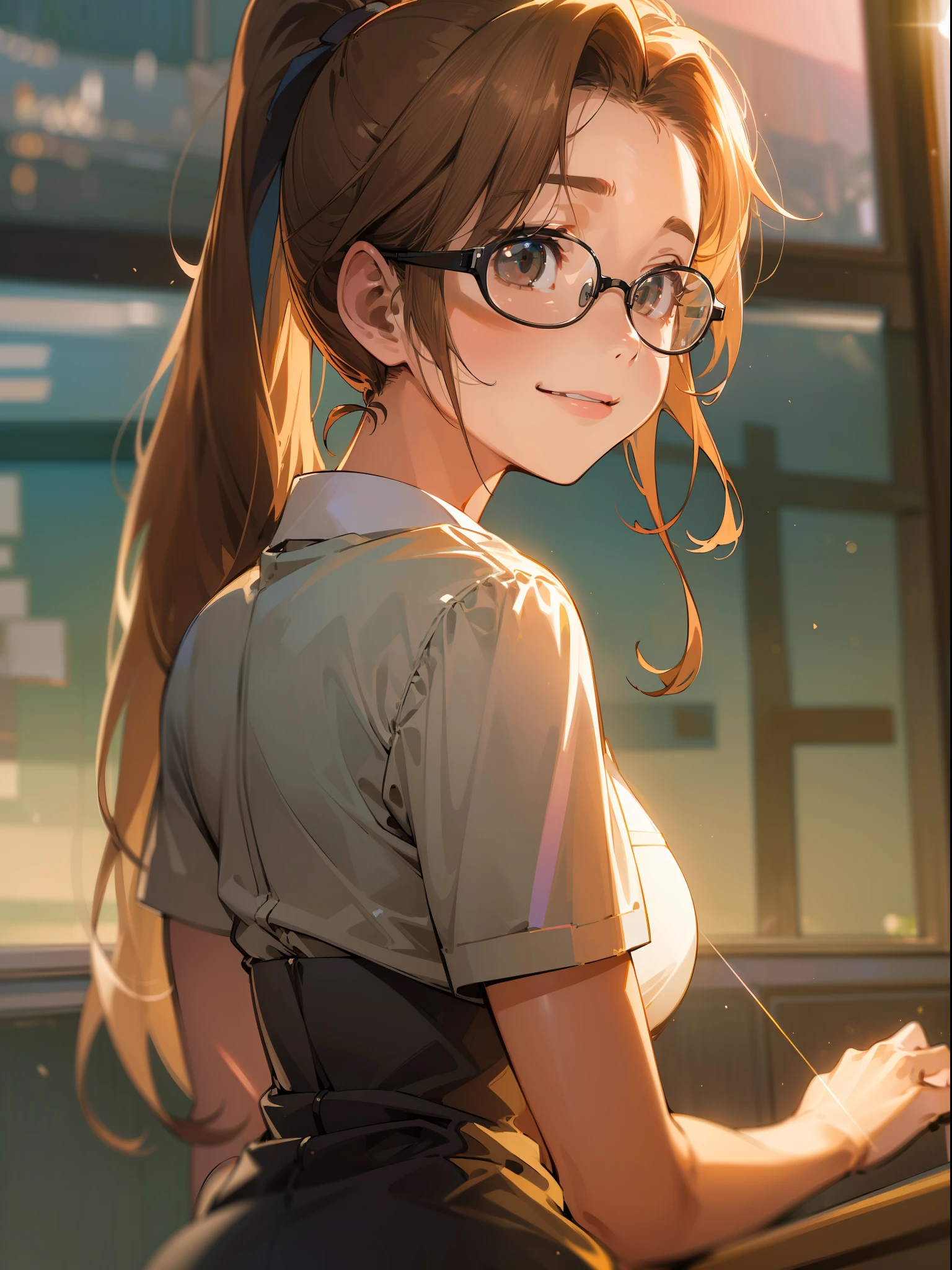 (((Masterpiece))),(((Best quality))),(((Amazing detail))),((illustration)),((A high resolution)),((8K)),((Anatomically correct)),Brown long hair,High ponytail,Delicate hair,a matural female,black-frame glasses,Light smile,adjusting eyewear,angle of view,Anime,Depth of field,Classroom Background,Sunset,Soft light,From above,Lens flare,medium breasts,