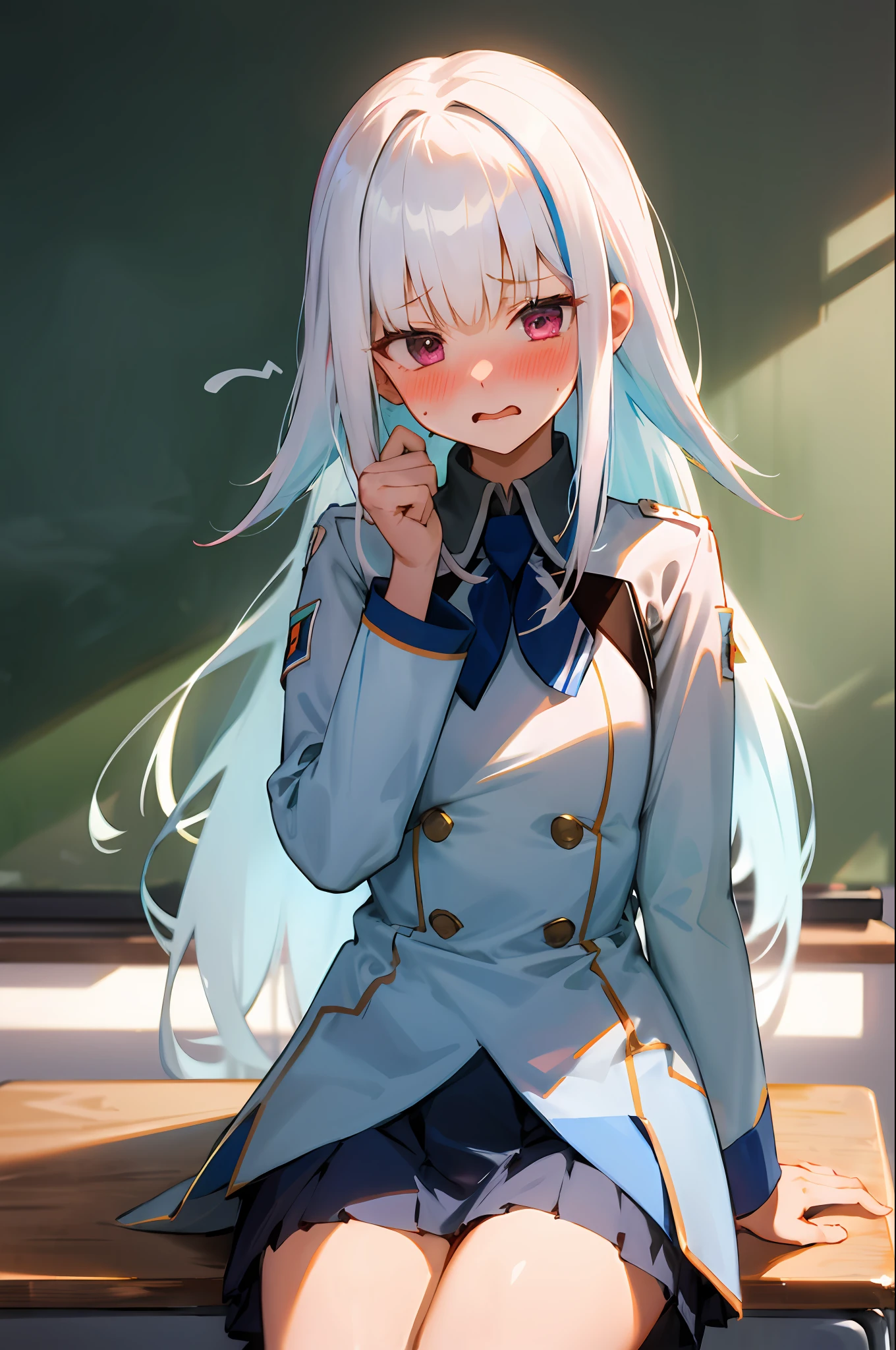 One girl with long hair and uniform, white hair, looking away, sitting, embarrassed, blushing, mouth small open, classroom