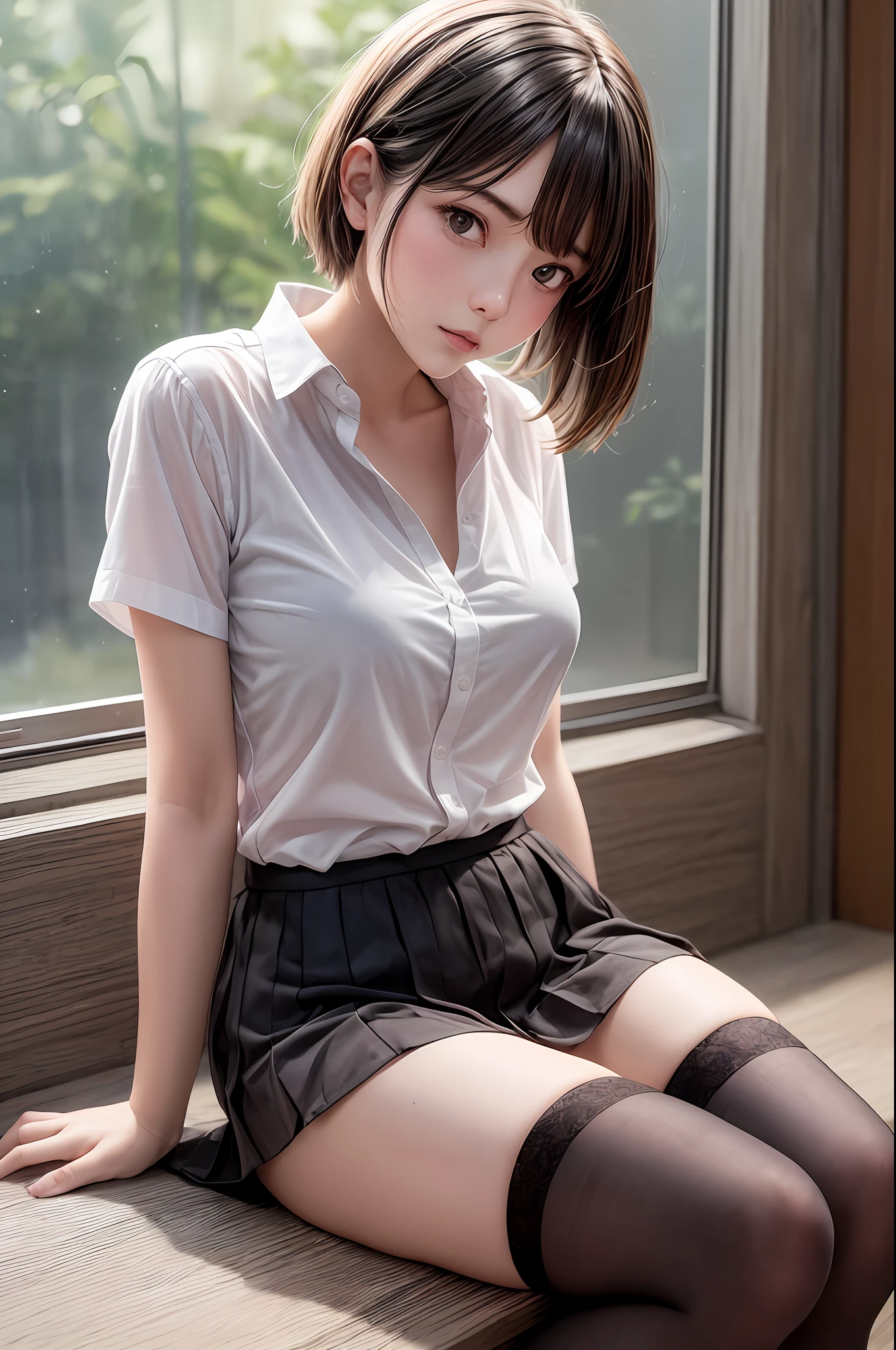 a girl sitting on the ground with sheer shirt on and short skirt, 1girl, solo, breasts, thighhighs, underwear, black hair, panties, sitting, looking at viewer, shirt, blush, indoors, black panties, bangs, white shirt, short sleeves, no bra, open clothes, thighs, skindentation, short hair, open shirt, window, partially unbuttoned