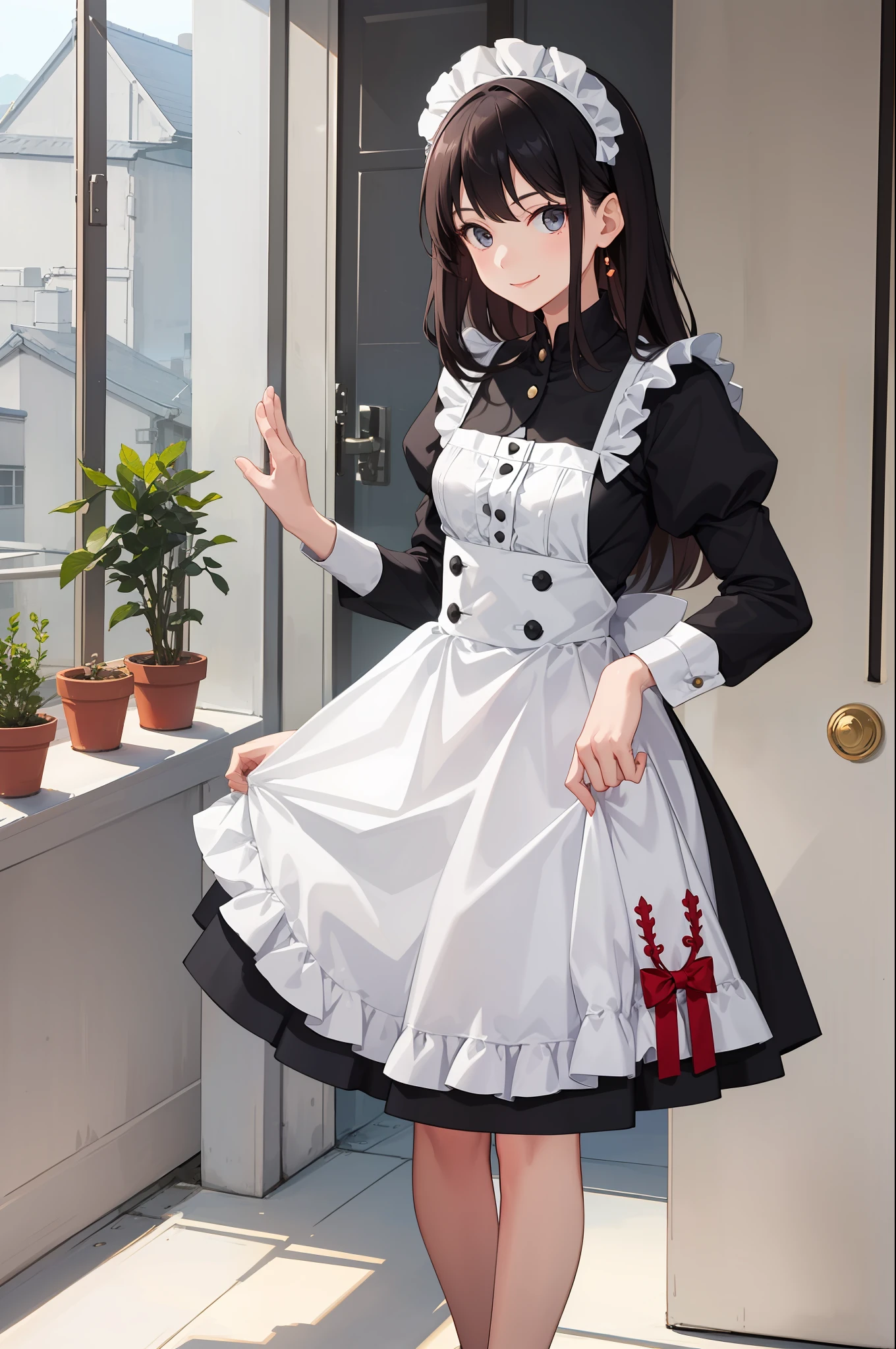 1girl in、A smile、A delightful、skirt by the、(small tits)Chilarism、doress、pinafore,,,,,,、Maids,,,,,,,,、hair adornments、movement、