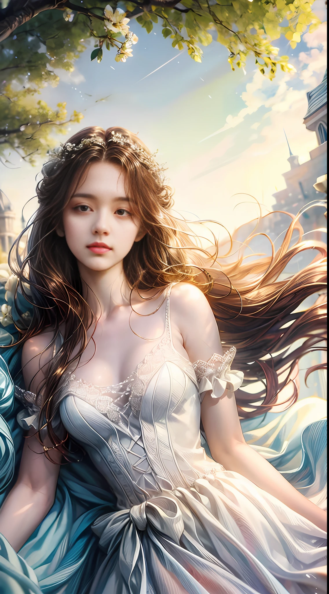 A girl,petite,realisticlying,white dresses, The upper part of the body, Realistis,Flowering trees,Floating hair, Detailed face --auto