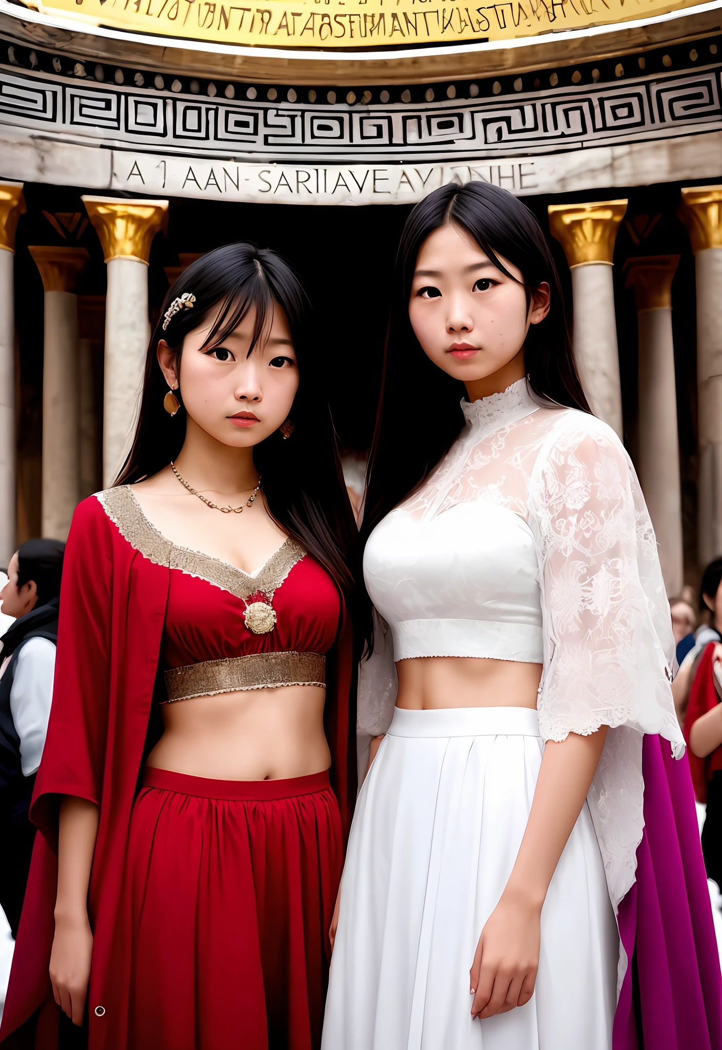 (Positive focus),2girls,duo,navel,(At the Pantheon in Rome,crowd,winter,Snowy),Surrealistic Female Portraits by David Hockney and Alphonse Mucha,Fantasy art,photograph realistic, Dynamic lighting,art stations,poster for,Volumetriclighting,Very detailed faces,4K,Award-Awarded,Fantastic costumes,Deep shadows,low tune,cowboy lens, (official outfit:1.4), looking at the camera in, Half-body shot,((Realistic face))),