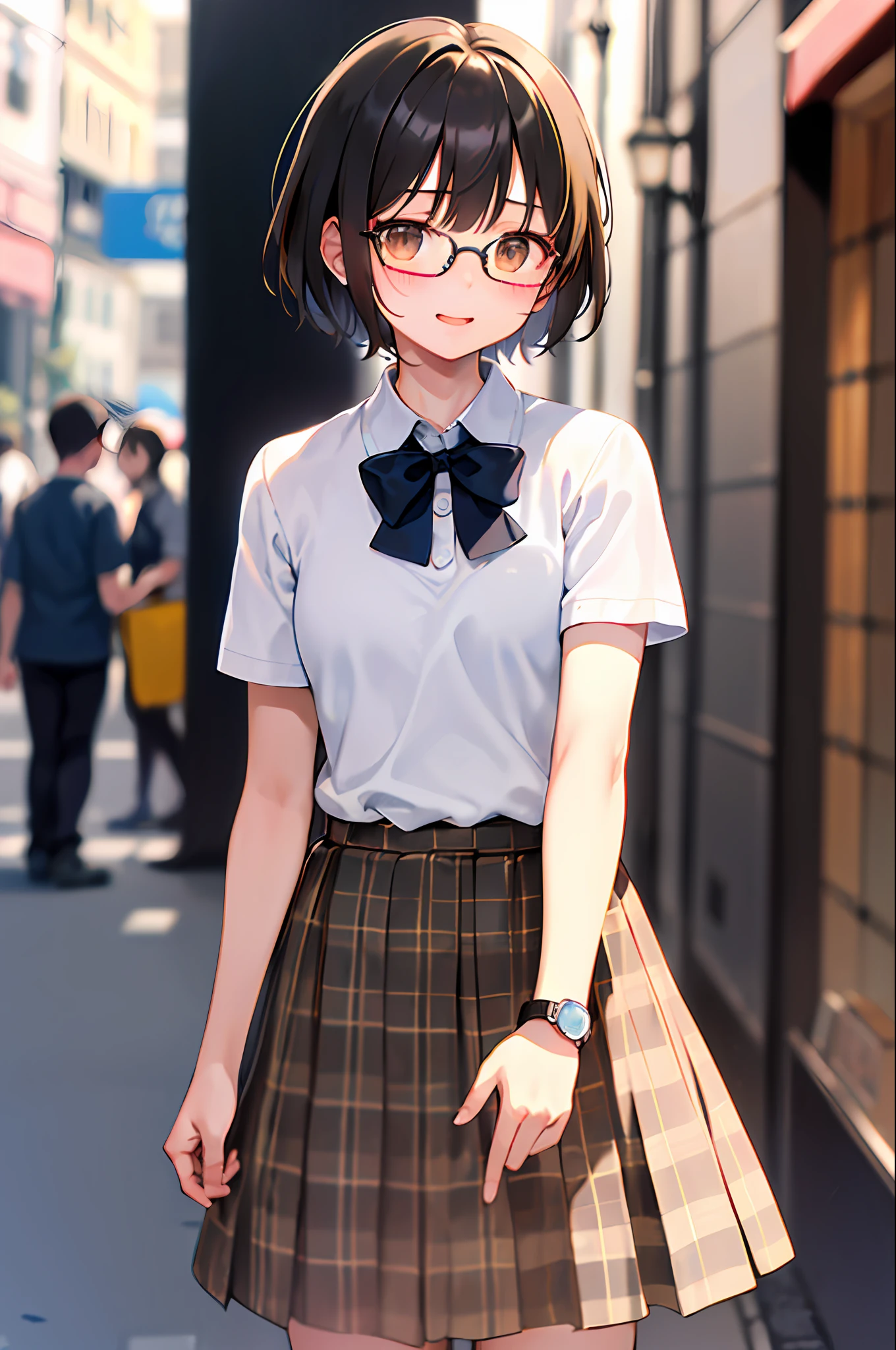(1 16-year-old girl、A dark-haired、short-hair、straight haired、bow ribbon、Light brown eyes、Black glasses、small tits、cute  face)、White Short Sleeve Polo Shirt、plaid skirts、​masterpiece、top-quality、In the street