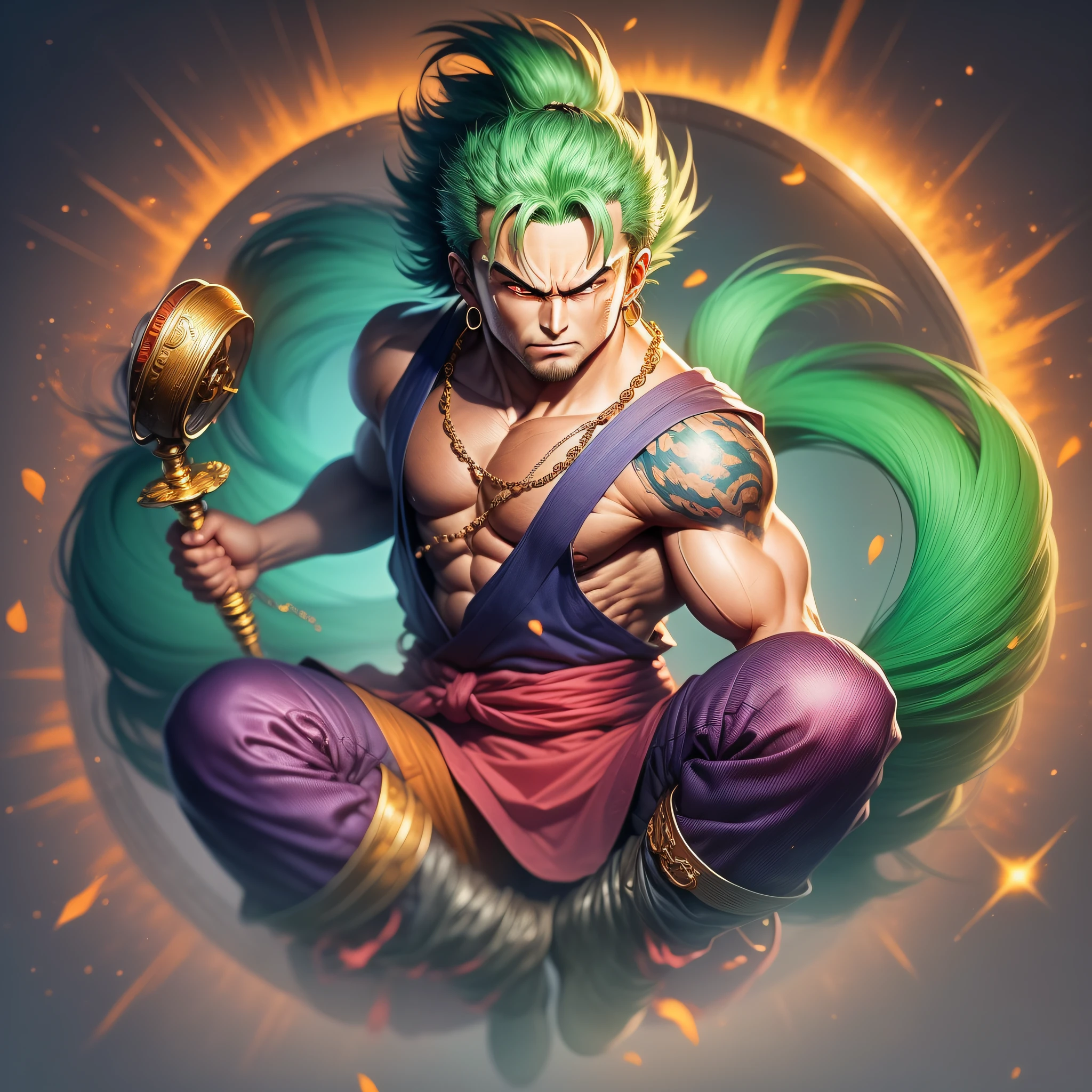 Goku is tall and strong，Thick eyebrows，The appearance is very monkey-like。He wears a round gold hoop，Bind your ears tightly on your head，A small chain hangs from the nose，Wearing brocade，Foot on mango shoes，Holding a ruyi golden hoop rod。