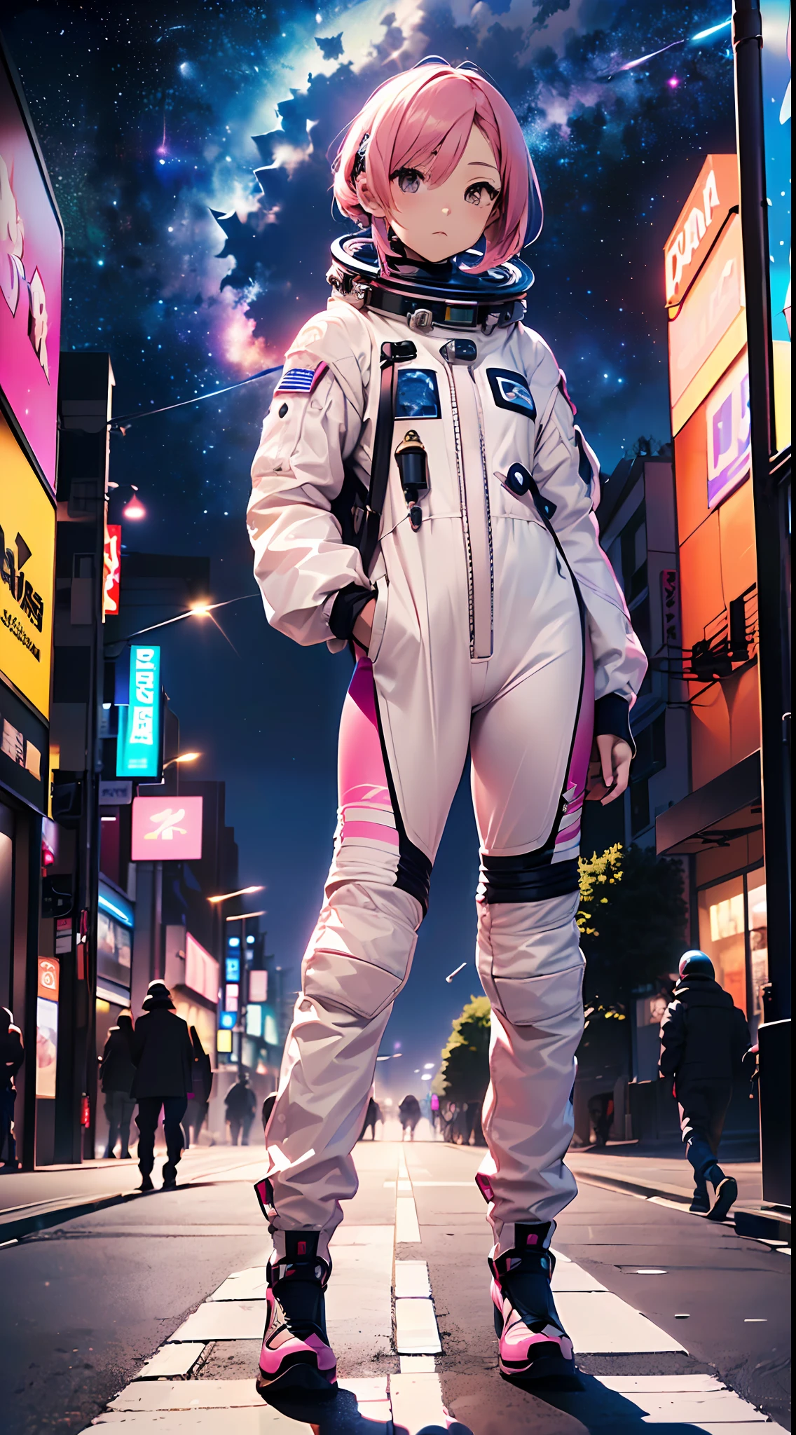 (street snap:2)(((masutepiece))),((ultra-detailliert,Best Quality, hight resolution, 8K Wallpaper, Beautiful clothes,)),(1 girl)((Pink hair,.Wearing protective clothing。muffler、fullface、trouser、space suits、helmets、sexypose、Scenery of Harajuku