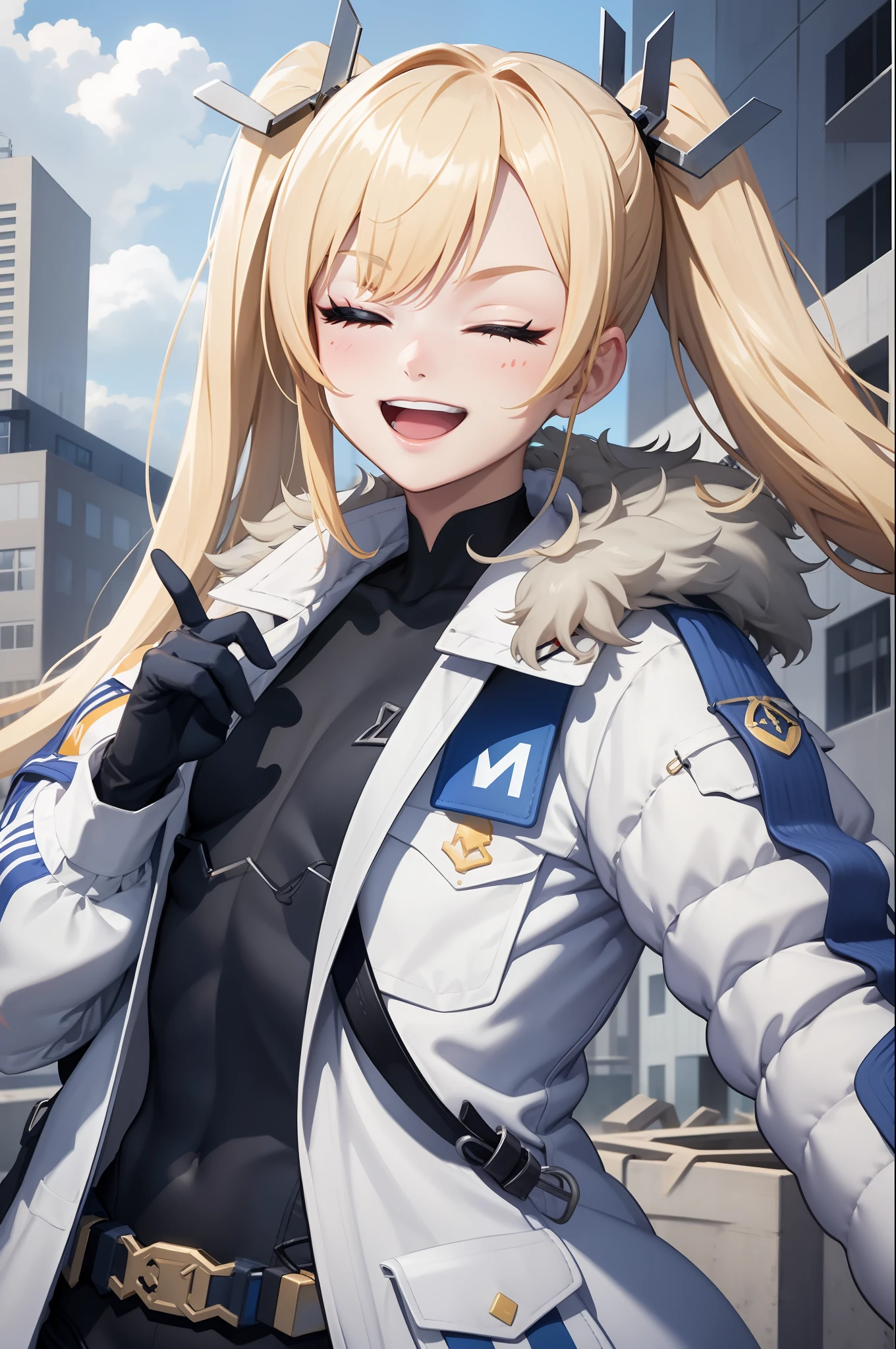 masutepiece, Best Quality, Laplace, Hair Ornament, White coat, Belt bag, Black bodysuit, Fur trim, gloves, Upper body, Smile, smug, Open mouth, one eye closed, Looking at Viewer, constructionyardai, skyporn