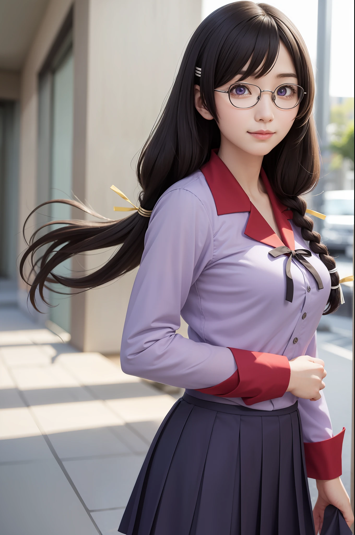 hanekawatsubasa, hanekawa tsubasa, Long hair, Black hair, Hair Ornament, (Purple eyes:1.1), hair clips, Twin braids, naoetsu high school uniform, Glasses, BREAK skirt, School uniform, naoetsu high school uniform, BREAK outdoors, city, BREAK looking at viewer, BREAK (masutepiece:1.2), Best Quality, High resolution, Unity 8k壁纸, (Illustration:0.8), (Beautiful detailed eyes:1.6), extra detailed face, Perfect Lighting, (Perfect hands, Perfect Anatomy),A smile