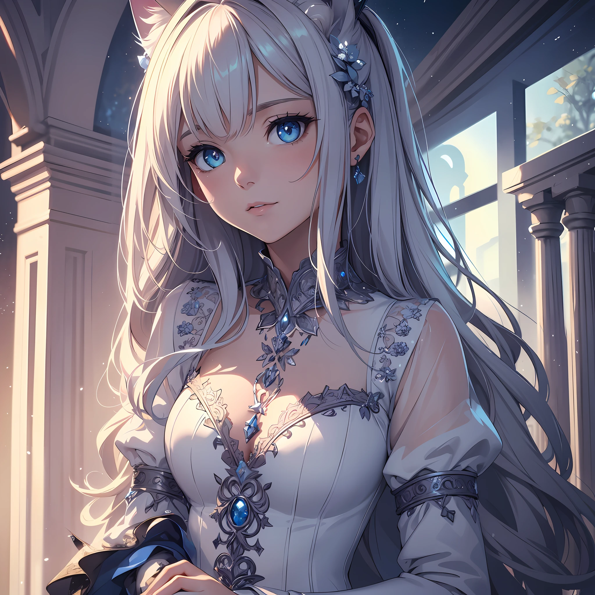 top quality, masterpiece, illustration, very delicate and beautiful, very detailed, cg , unity, 8k wallpaper, amazing, fine detail, masterpiece, best quality, official art, highly detailed cg unity 8k wallpaper, absurdity, incredibly absurd, ultra detailed, high resolution, highly detailed, detailed light, cinematic lighting, lens flare, light leakage, sunlight, glow, beautiful detailed glow, beautiful detailed girl, Highly detailed eyes and face, Beautiful detail eyes, M, illustration, (Very delicate and beautiful:1.2), cinematic angles,(Beautiful detail eyes:1.1), (Detail light:1.1),Movie lighting, Beautifully detailed sky, White long hair, (Blue eyes), (High ponytail:1.1), Glowing eyes, (Mon:1.2), (Moonlight:1.1), Starry sky, (Lighting particles:1.1), (Cat ears), Adult Woman, 1 girl