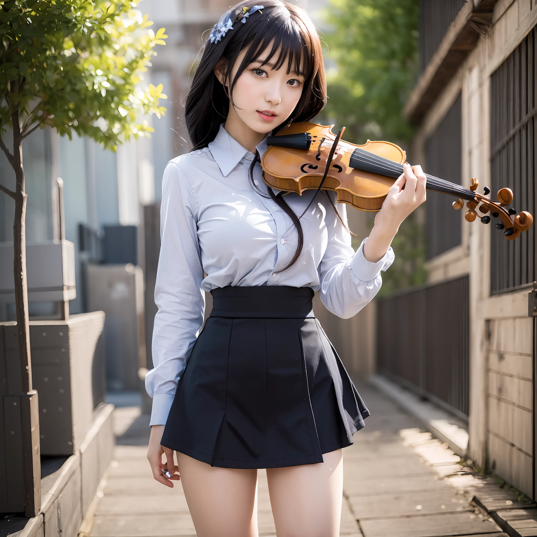 Anime girl with violin in short skirt and shirt, Anime moe art style, seductive anime girls, Extremely detailed Artgerm, (Anime girl), Anime girl, Anime girls, Kantai collection style, anime best girl, Beautiful anime girl, beautiful and seductive anime woman, clean and meticulous anime art, Beautiful anime sexy girl, high definition anime art,huge tit,Blush,3girl