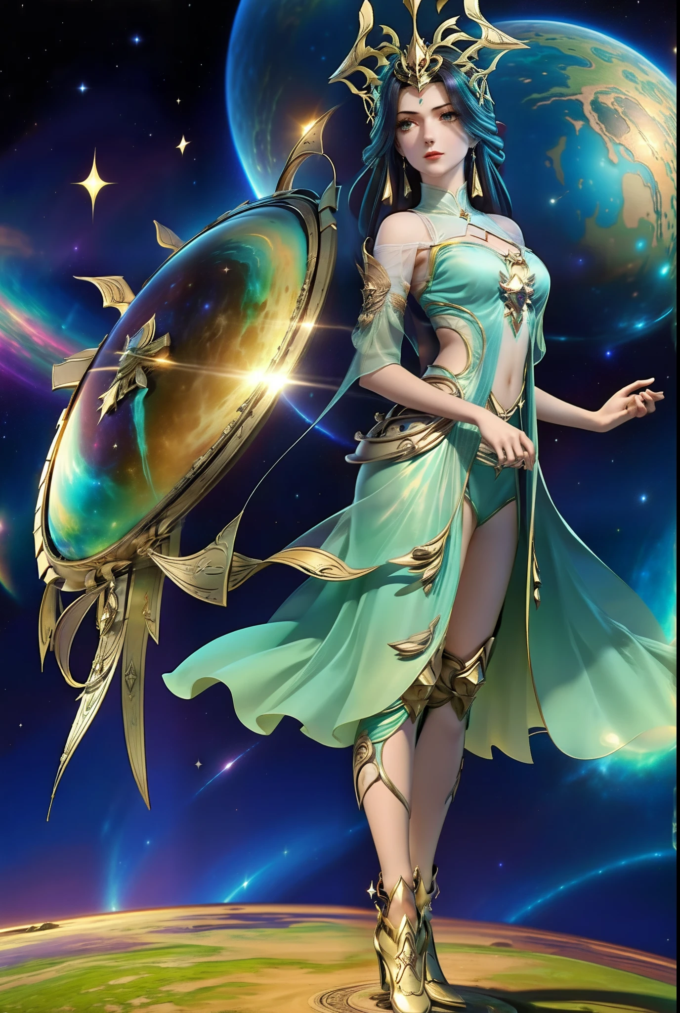femele,Stand in the dazzling cosmic galaxy,with a planet in the background,It is surrounded by a cosmic sea of stars,femele,standing on your feet,Full body photo,