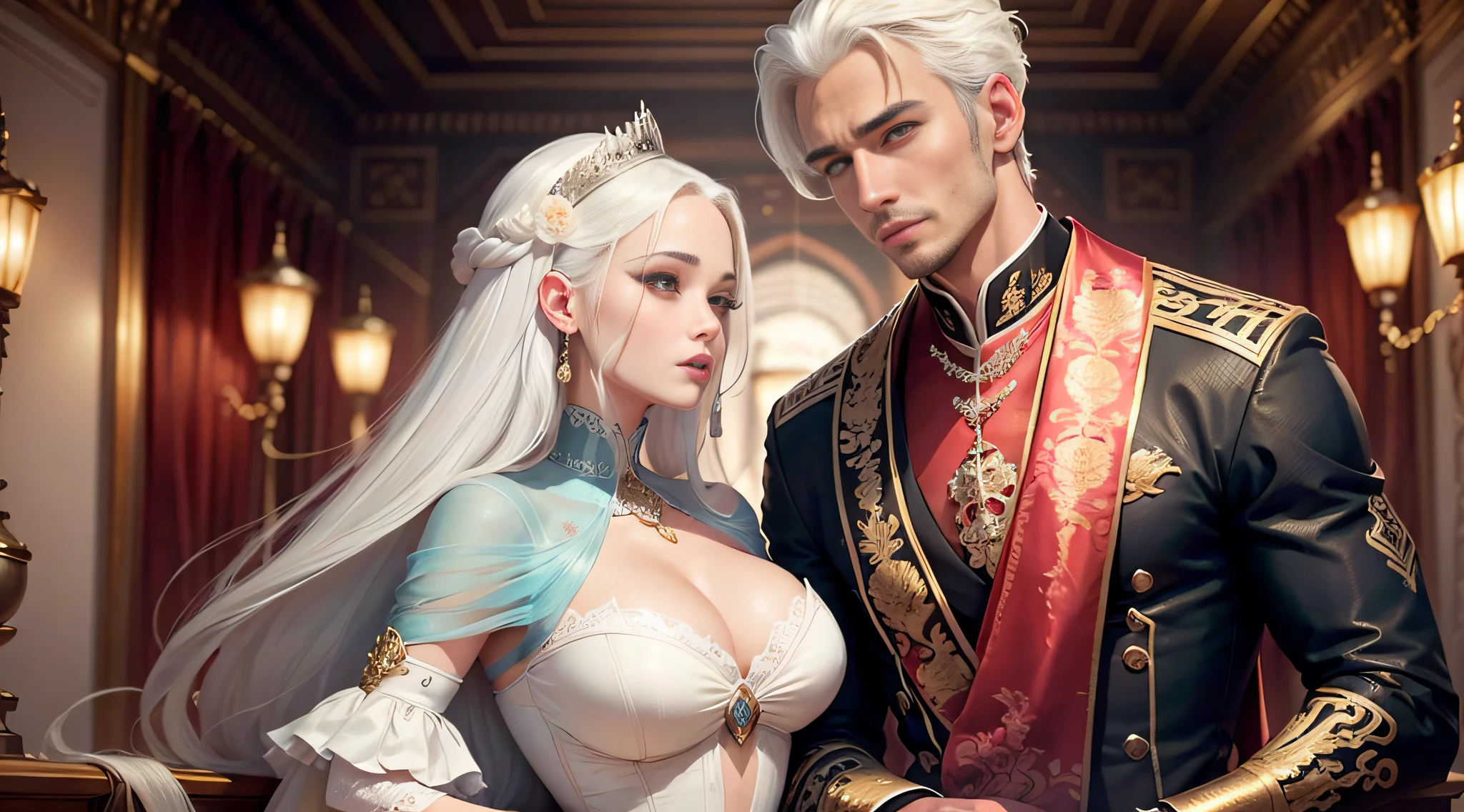 A handsome guy and a beautiful woman are having  inside the palace，Handsome guys and beautiful women are in very good shape，The beauty enjoyed the expression very much during the ，Handsome guy with white hair，Beautiful blonde --auto