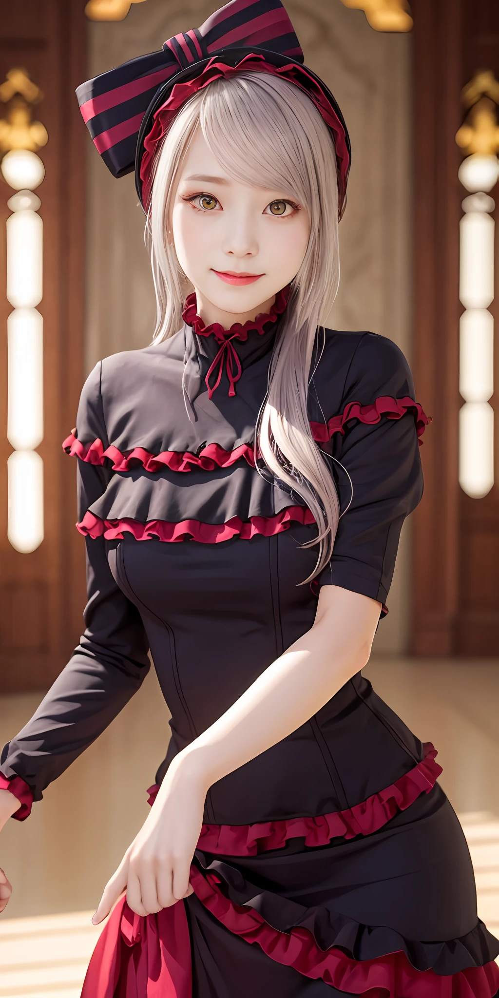 , best quality, ShalltearV4, 1girl, solo, dress, frills, bow, hair bow, fang, slight smile, pale skin, glowing, glowing eyes, portrait