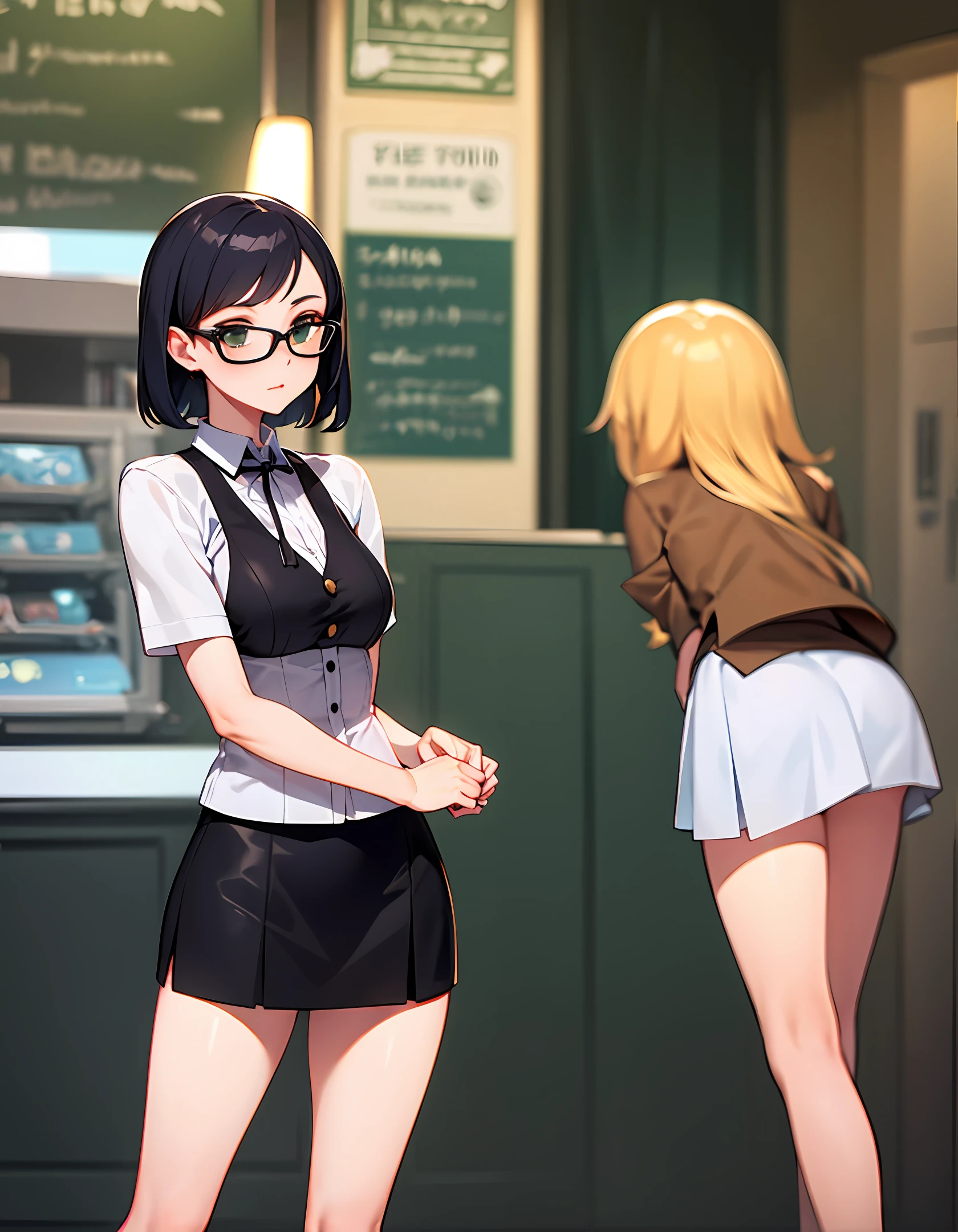 Please help me generate,blacksilk,wears glasses,Beautiful girl in a short skirt