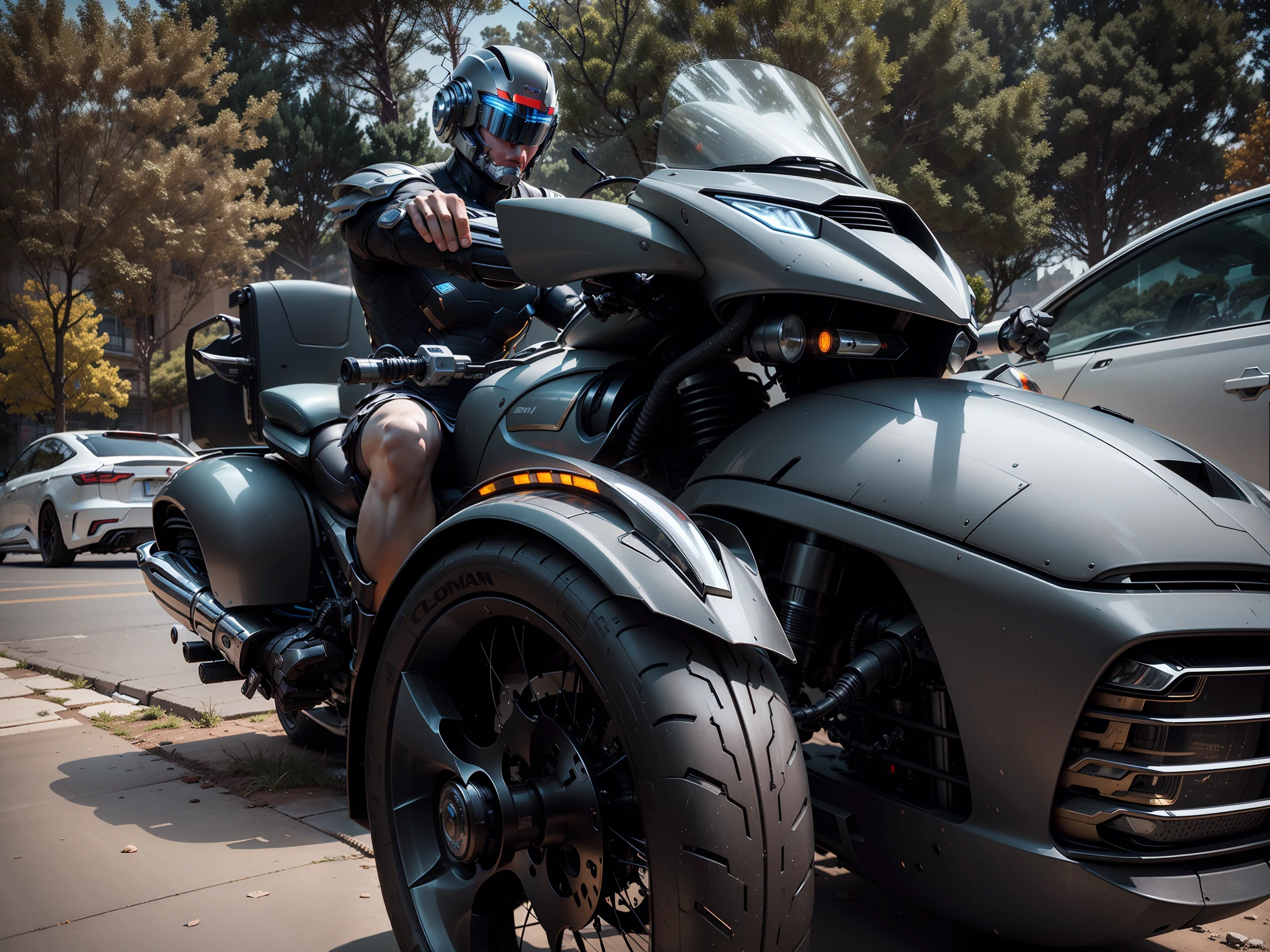 Cyber Man Warrior and Cyber Mechanical Motorcycle, Full Body Exquisite High-Tech Armor, Exquisite Black Tech Helmet, Nousr, Biomechanics, MSHN Robot Man, High-Tech Helmet, Surreal, Steel, Intricate Design, Crazy Details, Fine Details, Extremely Clear Lines, Cinematic Lighting, Photo Realistic, Detailed Masterpiece