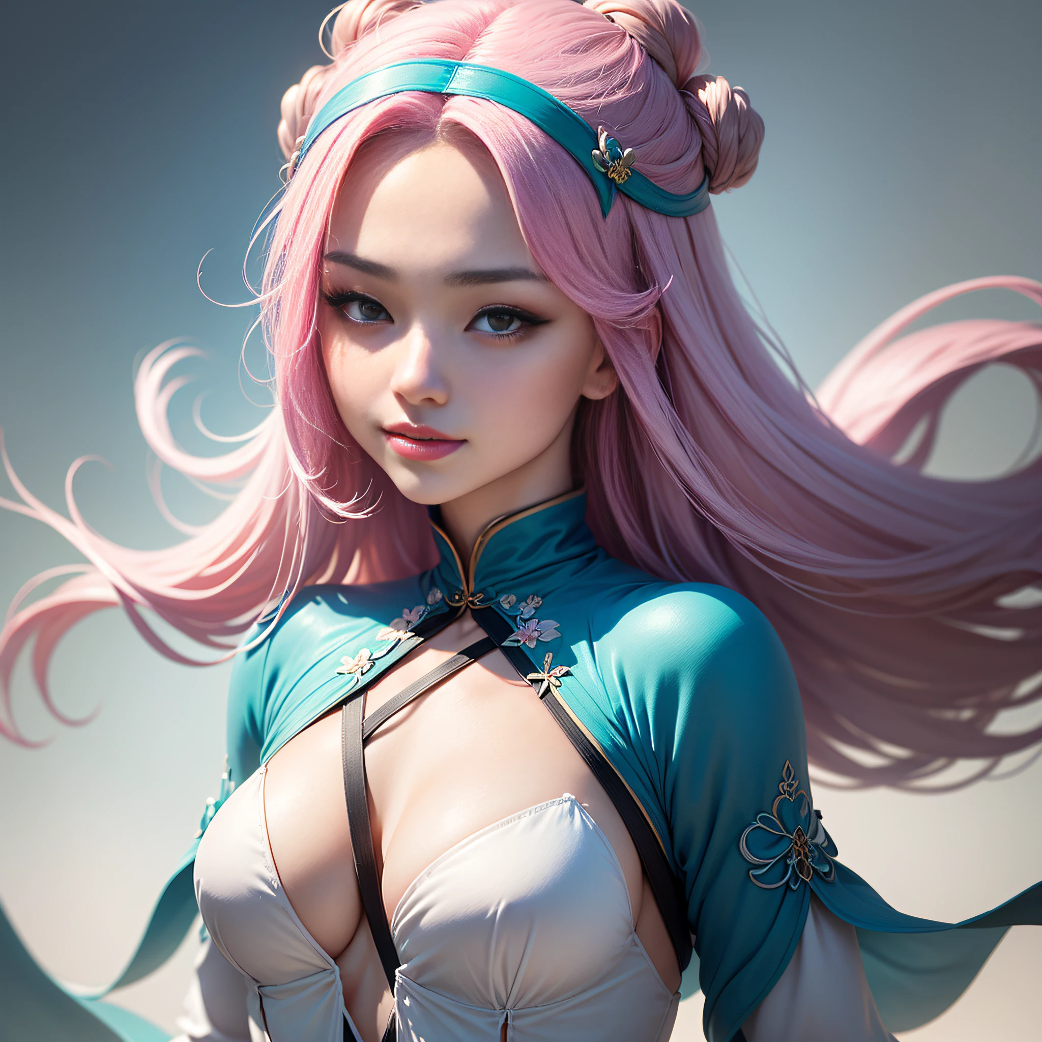 ((Masterpiece:1.2),highest  quality:1.1),(dynamic angle:1.2,dynamicposes:1.2,softlighting:1.1),(White with pink hair:1.3,Pink hair:1.3,Hair yellow:1.2+purpleish color:1.1+Cyan blue:1.1,closeup of face:1.1+Body close-up:1.1+Unique temperament:1.2)，Nuwa in ancient Chinese mythology，She wore clothes made of white silk，She floats in the sky，She has a mysterious smile and snow-white smooth skin。style of surrealism，The deities，ink and watercolor painting。[Silky textured clothes:1.2],Protruding hairline,Tighten the body,Dynamic pose。