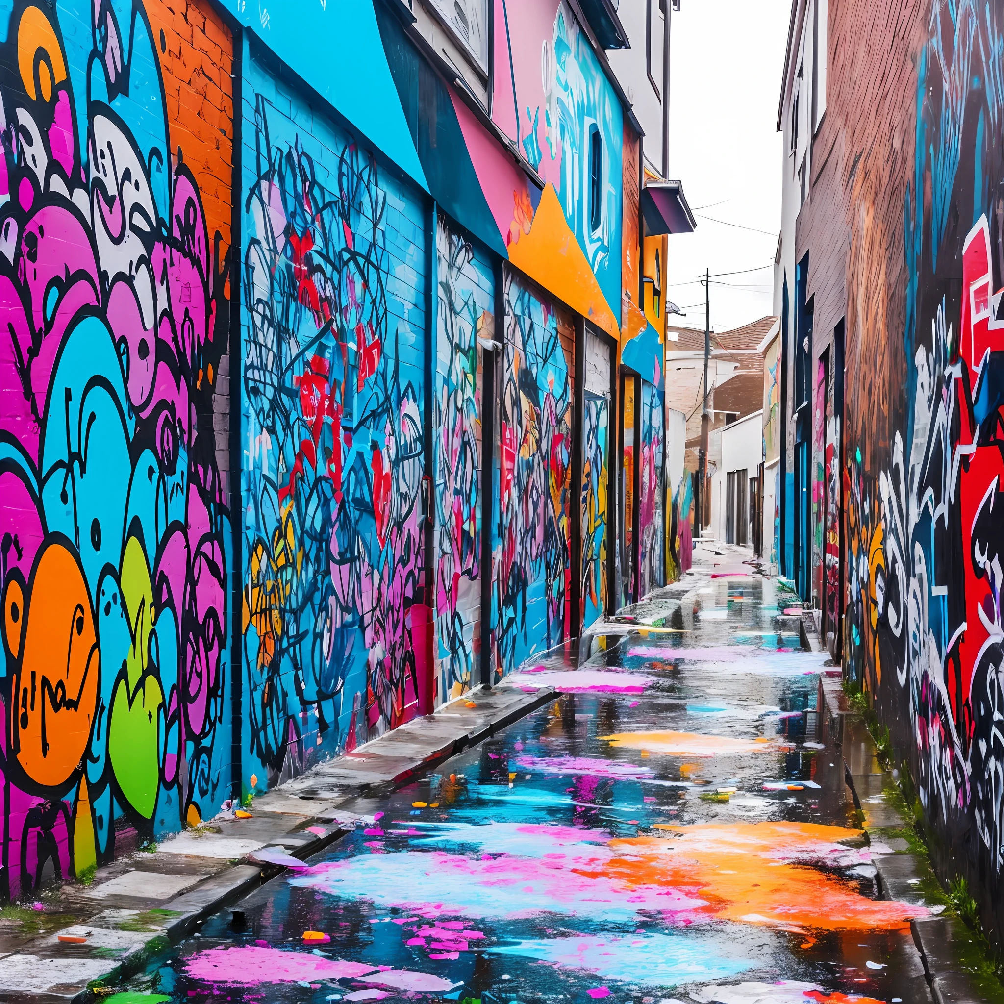 Small alley、graffiti wall,Splashing colorful splashes