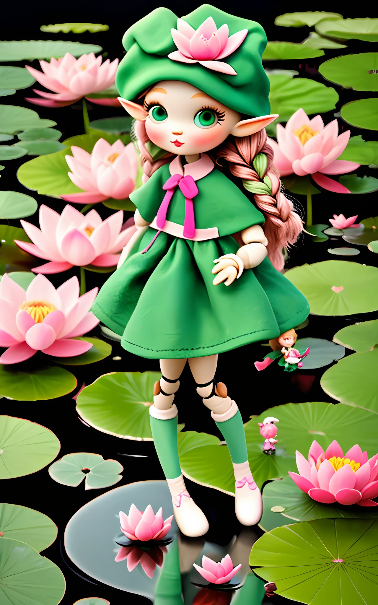 Little cartoon doll,Green hat,There is a lotus flower on the green hat,Lotus skirt,Skirt pink green gradient,flowy,3Drenderingof,Lotus pond,Pale pink double ponytail with long braid,Elegant colors,Flower elves,morandi,cartoony
