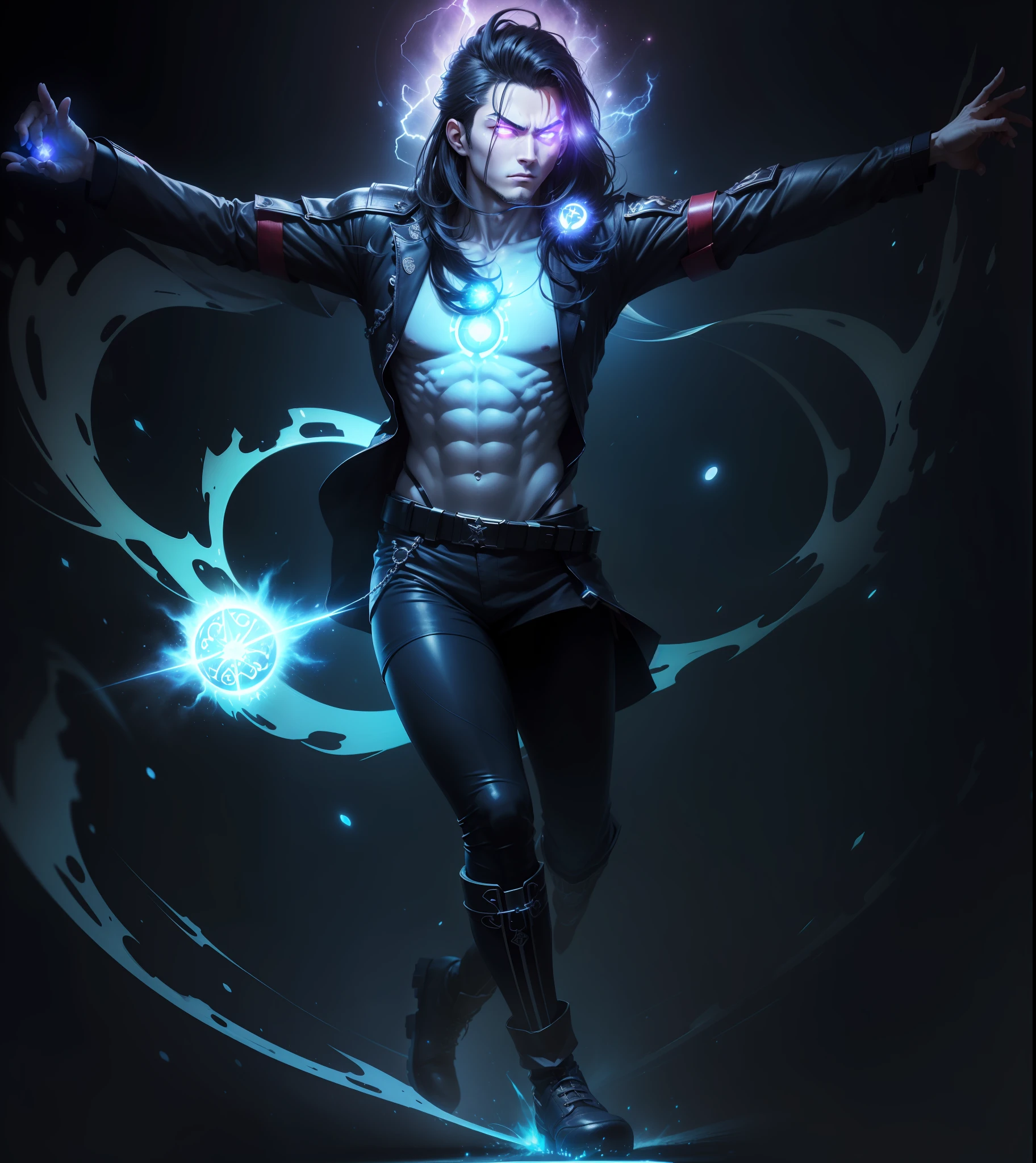 ((Japanese character male teen character, executive, thin and athletic body) + no nudity on the abdomen + Prison School anime style, + showing his superpowers = Star PULSE Candle, + palm of hand, + fully radioactive fluorescent hair strands from the top of the head to the tip of the fluorescent hair strands + glowing eyes like ultraviolet lanterns well defined and serious + add nebulae background + glowing chakras all over the body. + add dark blue winter boots. --auto