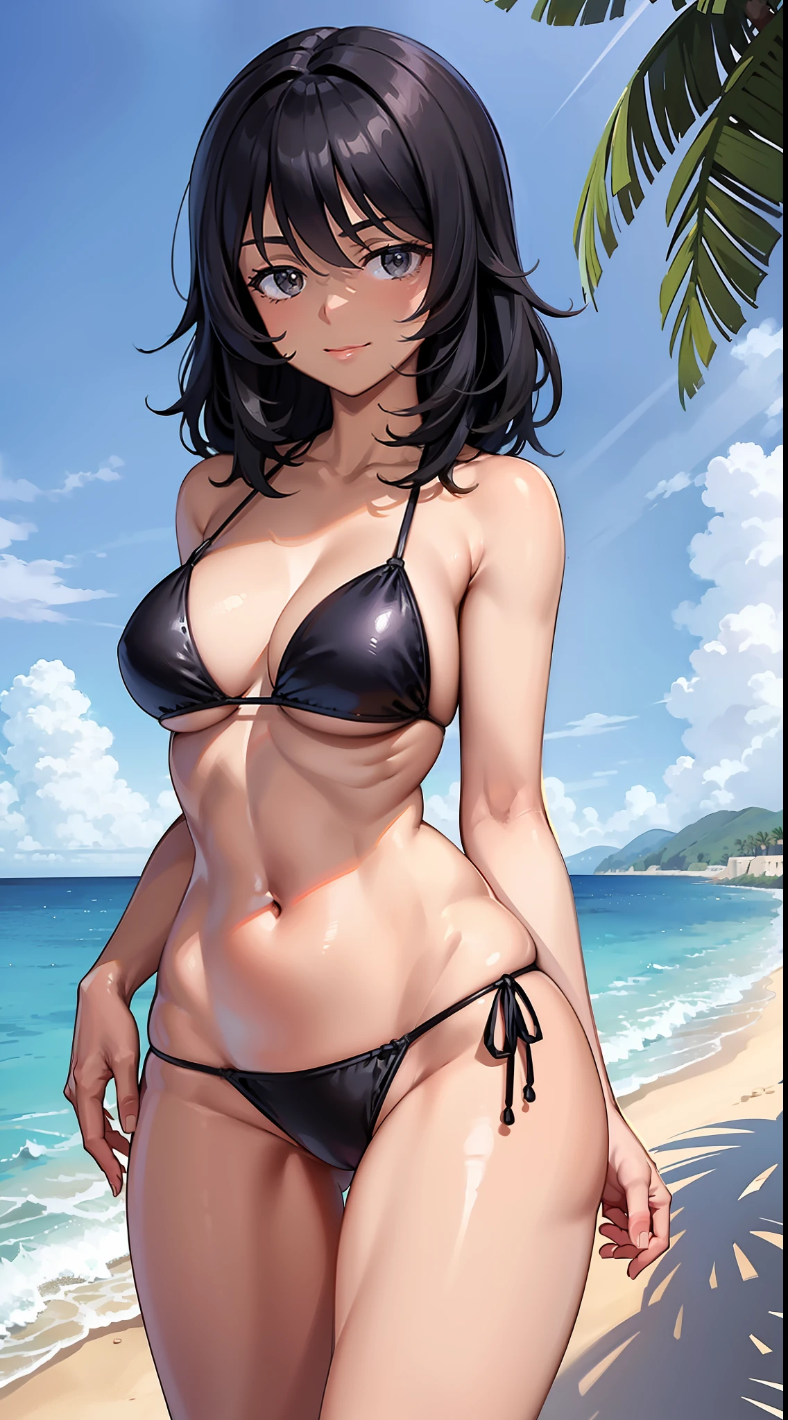 ((masterpiece)), (((best quality))), ((ultra-detailed)), (((illustration))), detailed face, ultra cute face, detailed body, ((1girl)), ((solo)),looking at the viewer, closed mouth, smile, cowboy shot, hand on hip, girls und panzer, Andou, (dark skin:1.3), medium hair, black hair, brown eyes, messy hair, ((dark blue bikini)), tight bikini, side tie bikini, standing on beach, palm trees, medium breasts, perky breasts, wide hips, (thick thighs), soft belly,