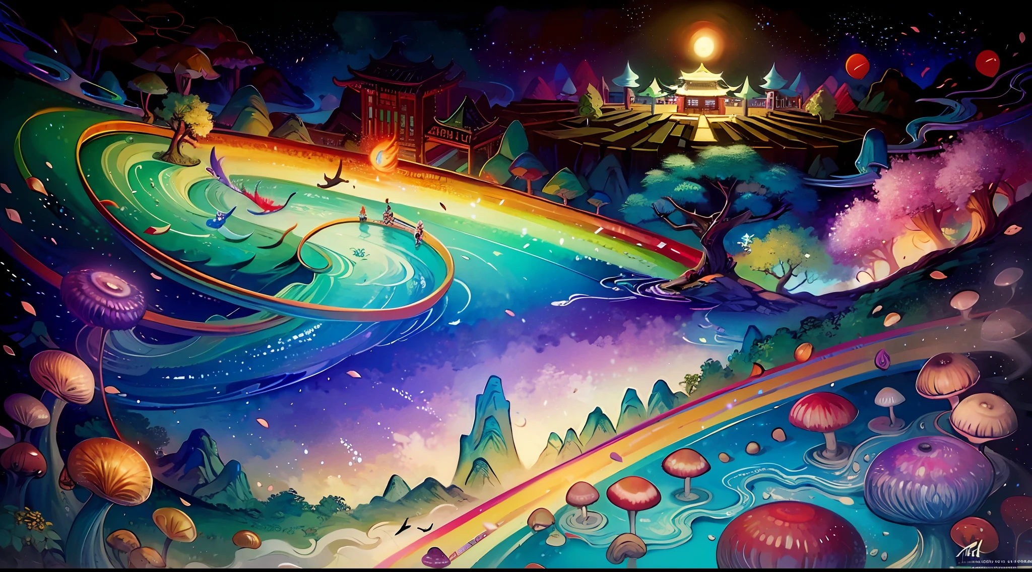 An ancient Chinese painting, ancient Chinese background, mountains, rivers, auspicious clouds, pavilions, sunshine,(psychedelic details),(mushrooms),(rainbow),(trippy),(DMT),intricate details, more details, high details,masterpieces, super detail, epic composition, ultra HD, high quality, extremely detailed, official art, unified 8k wallpaper, Super detail, 32k -- v 6