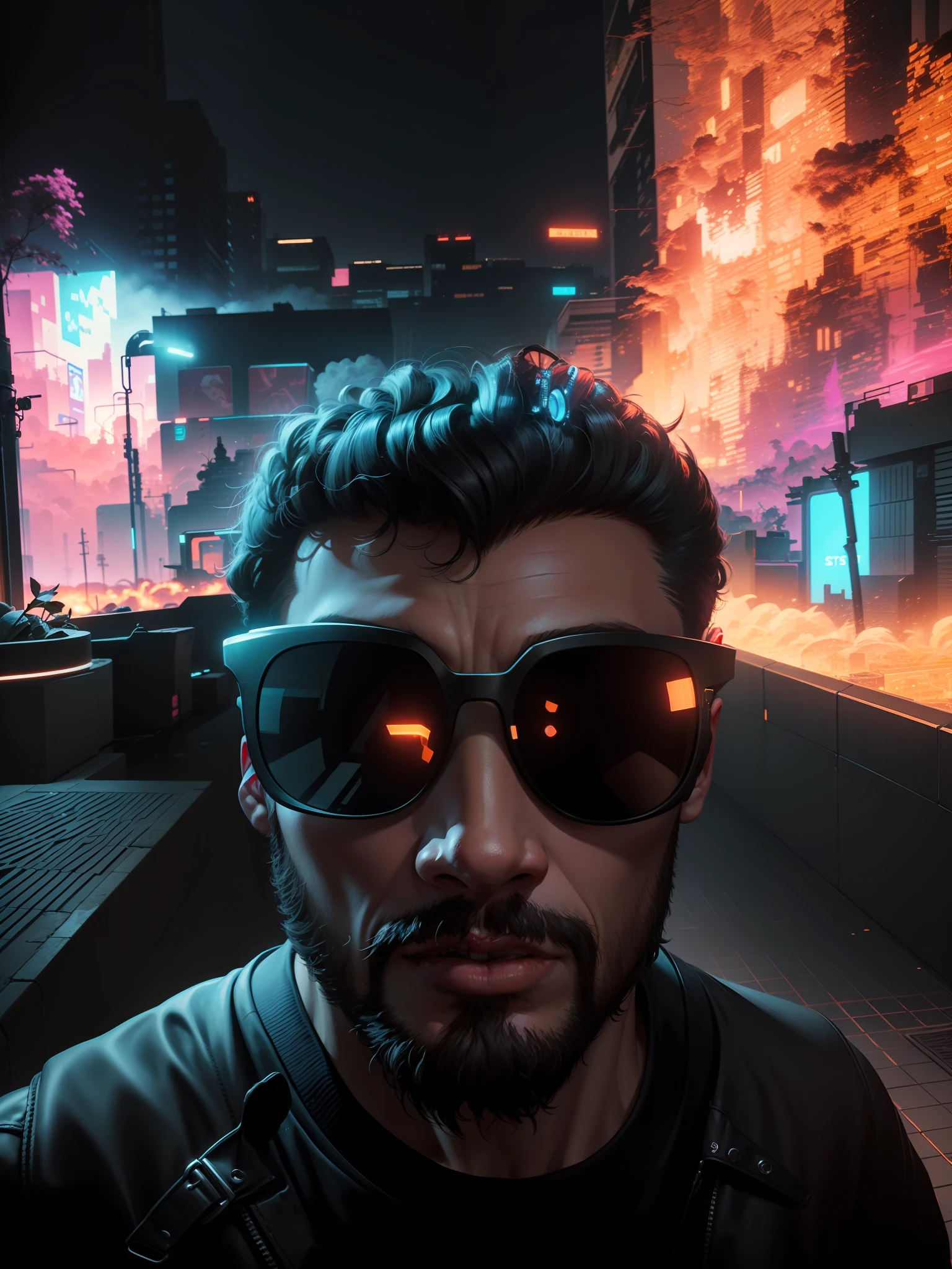 a man in a black jacket and glasses stands in front of a futuristic city, vr game, cyberpunk vibe, cyberpunk vibes, deeper into the metaverse we go, has cyberpunk style, cyberpunk theme, in cyber punk 2077, cyberpunk futuristic, cyberpunk future, synthwave, wearing cyberpunk streetwear, futuristic cyberpunk, cyberpunk tech, retro cyberpunk, synthwave style