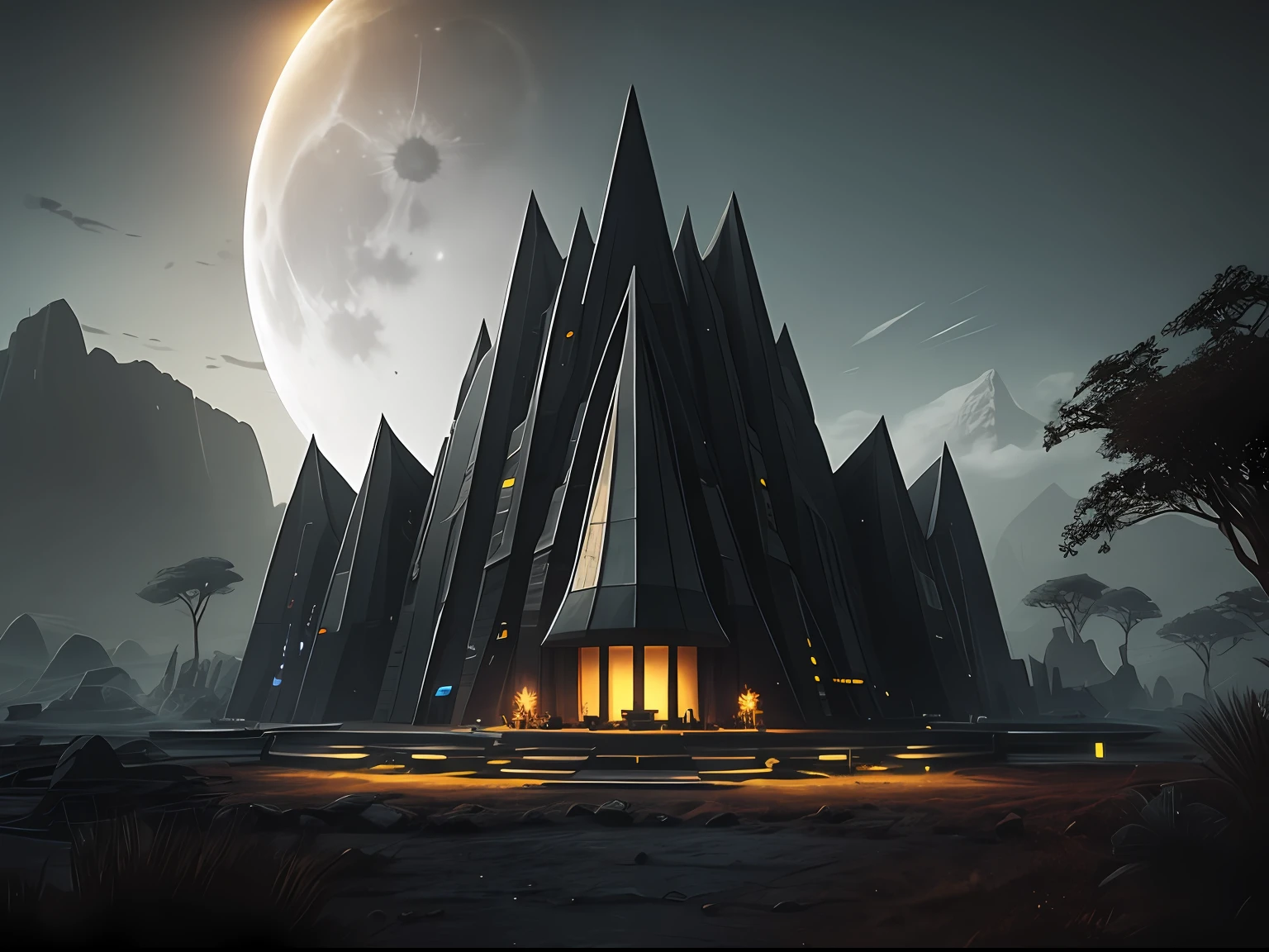 naturey, Epic futuristic base in the center, darkly, faded, warmth, Glow at night, primitive, HDR, (Otherworldly alien dimension:1.3), cinematic ligh, Slate gray, Dramatic light, buliding,Moon
