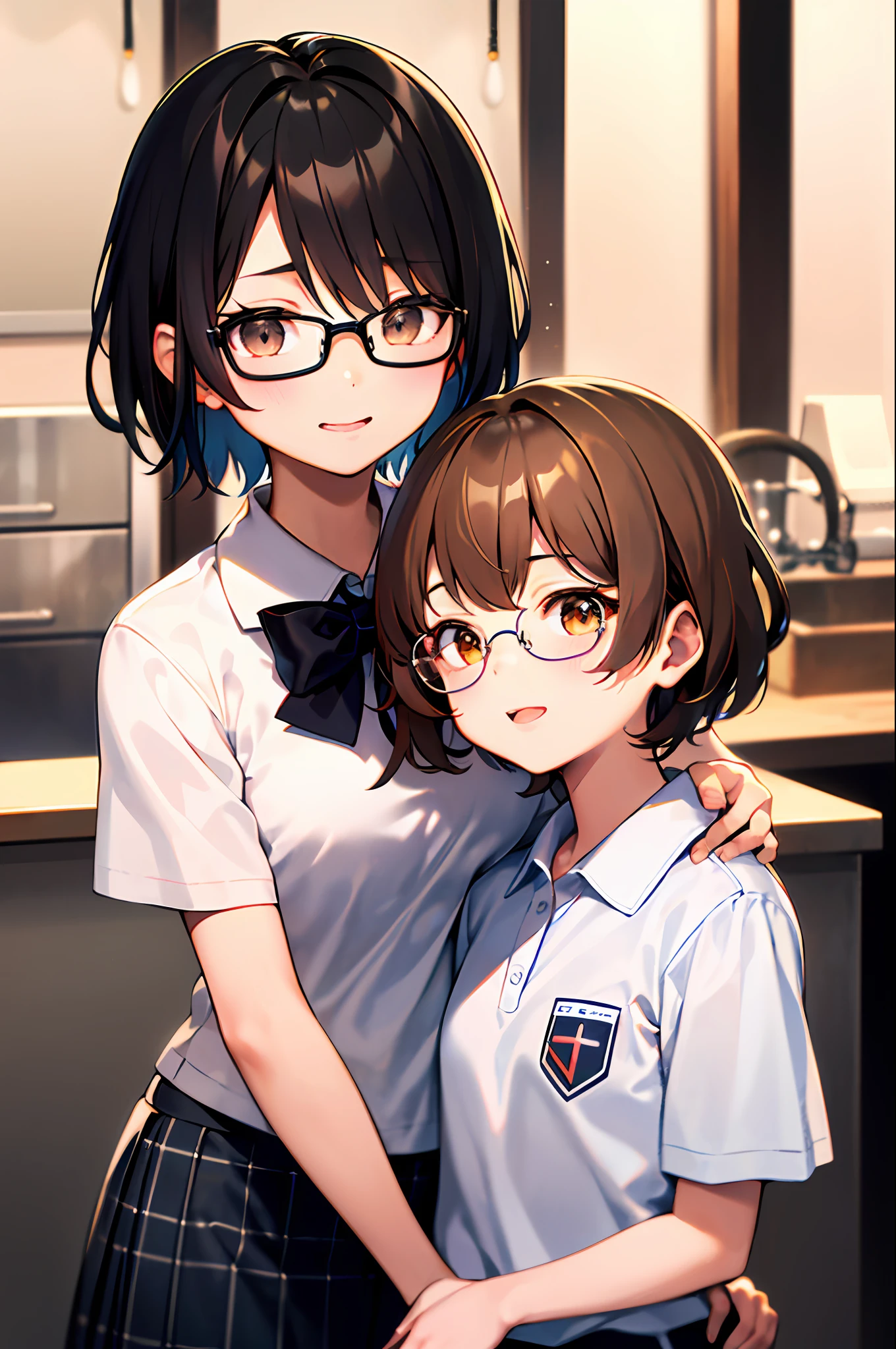 (1 16-year-old girl、A dark-haired、short-hair、straight haired、bow ribbon、Light brown eyes、Black glasses、small tits、cute  face)、White Short Sleeve Polo Shirt、plaid skirts、​masterpiece、top-quality、Mare
