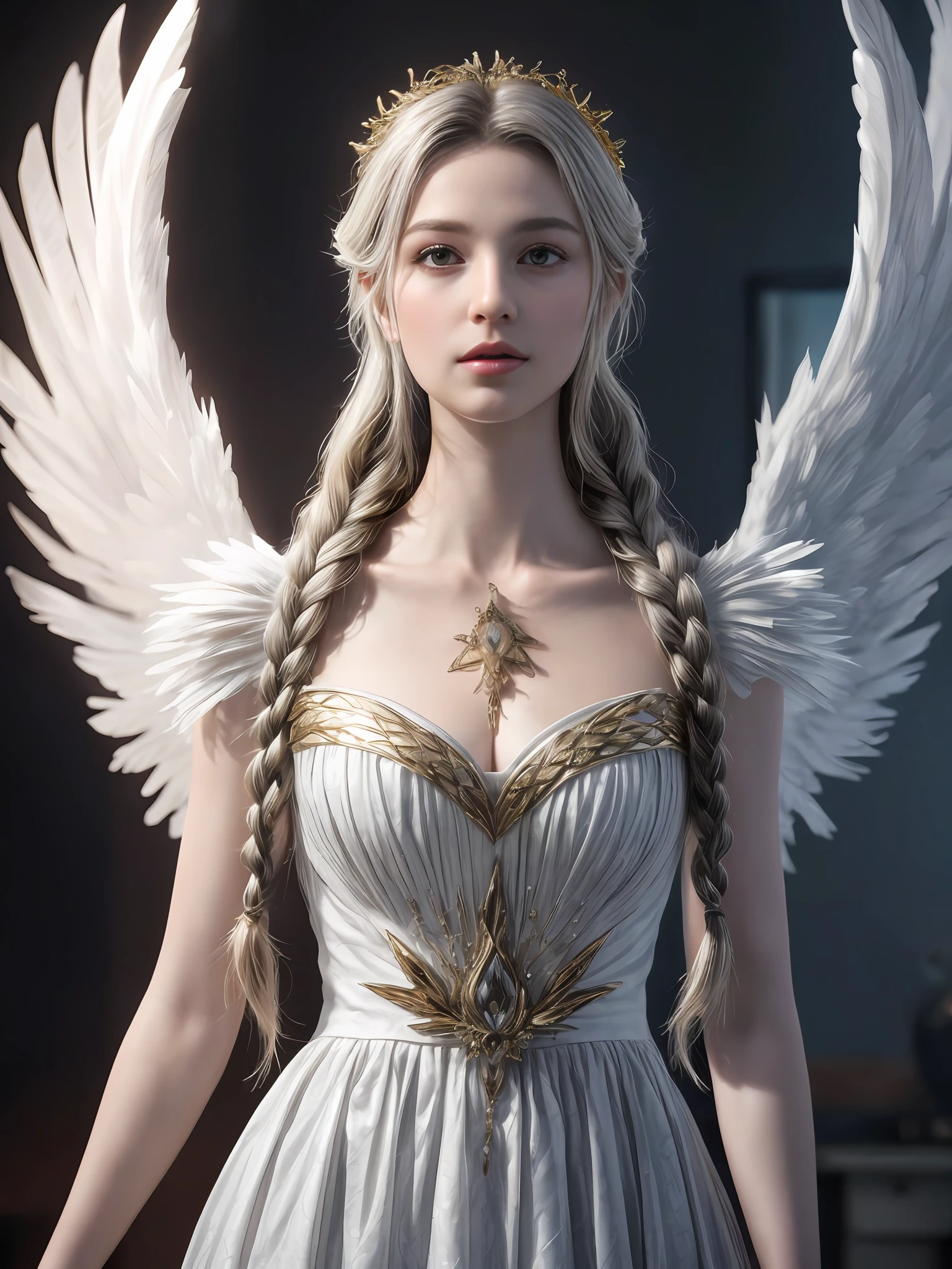 (masterpiece, best quality, photorealistic, highly detailed, octane render, unreal engine, 8k HD, hyper-detailed, realistic skin texture, best quality, ultra high res, raw photo, dramatic lighting, unreal engine, diffuse glow, dynamic pose), A female archangel with beautiful features would likely have striking, ethereal looks that would inspire awe and wonder in anyone who beheld her. She might have piercing blue or green eyes that seemed to glow with an inner light, framed by long lashes that brushed against her delicate cheekbones. Her skin might be porcelain pale, with a soft, rosy blush that highlighted her high cheekbones.
Her hair might be long and flowing, with strands of gold or silver that shimmered like starlight in the sun. It might be styled in intricate braids or loose waves that cascaded down her back, or perhaps pulled back into an elegant updo that showcased her graceful neck.
Her wings would be magnificent, with feathers as white as snow and shimmering with an otherworldly light. They might be large and imposing, giving her an aura of power and majesty, or perhaps delicate and intricate, reflecting her refined and elegant nature.
In short, a female archangel with beautiful features would be a vision of divine beauty, radiating grace, power, and wonder in all who beheld her