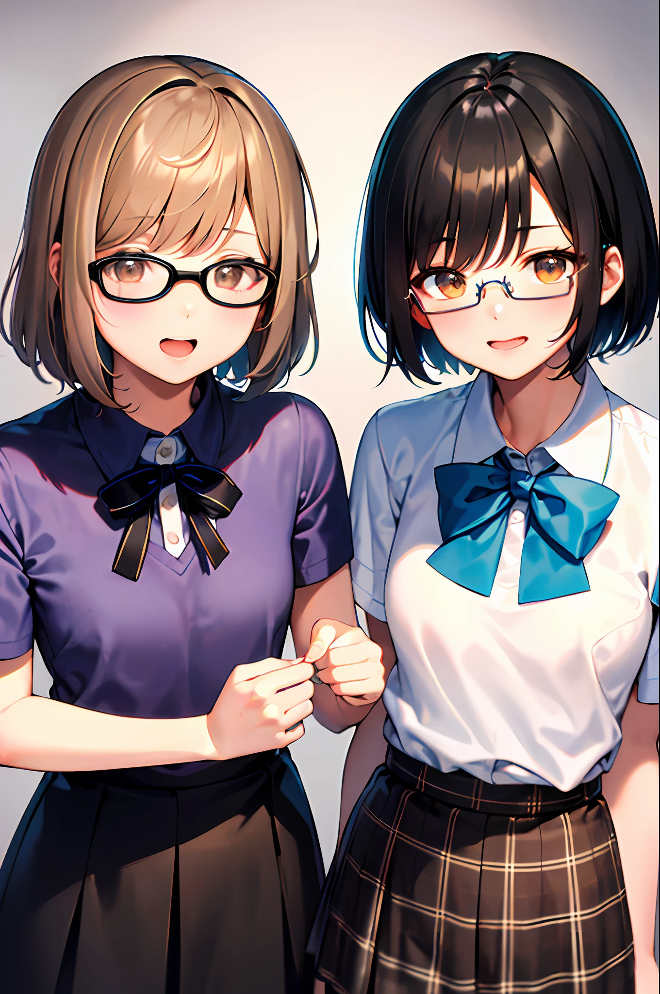(1 、A dark-haired、short-hair、straight haired、bow ribbon、Light brown eyes、Black glasses、small tits、cute face)、White Short Sleeve Polo Shirt、plaid skirts、masterpiece、top-quality、Mare