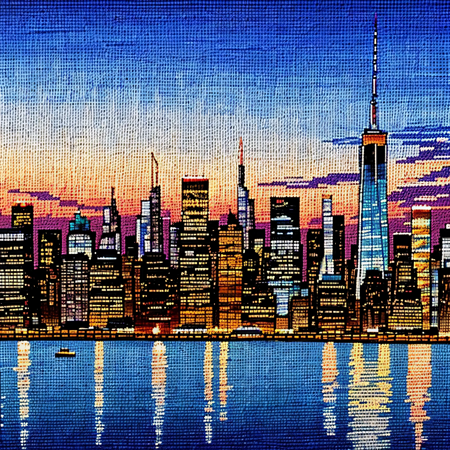 NEEDLEPOINT style embroidery art of a NYC skyline at dusk --ar 16:9 --auto