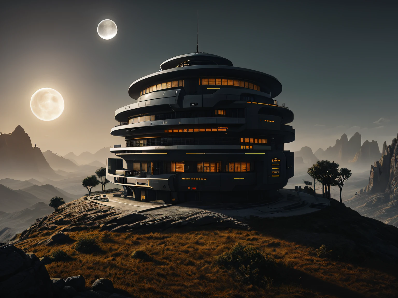 naturey， Epic futuristic base in the center， darkly， faded， warmth， Glow at night， primitive， HDR， （Otherworldly alien dimension：1.3）， cinematic ligh， Slate gray， Dramatic light， buliding，Moon