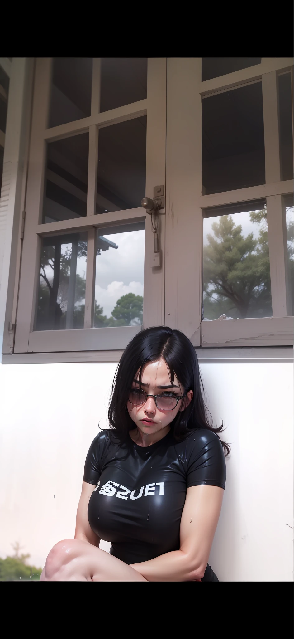 1 girl,thick, squat, wet crotch, big breasts,sweat skin, frown,sanpaku eyes
