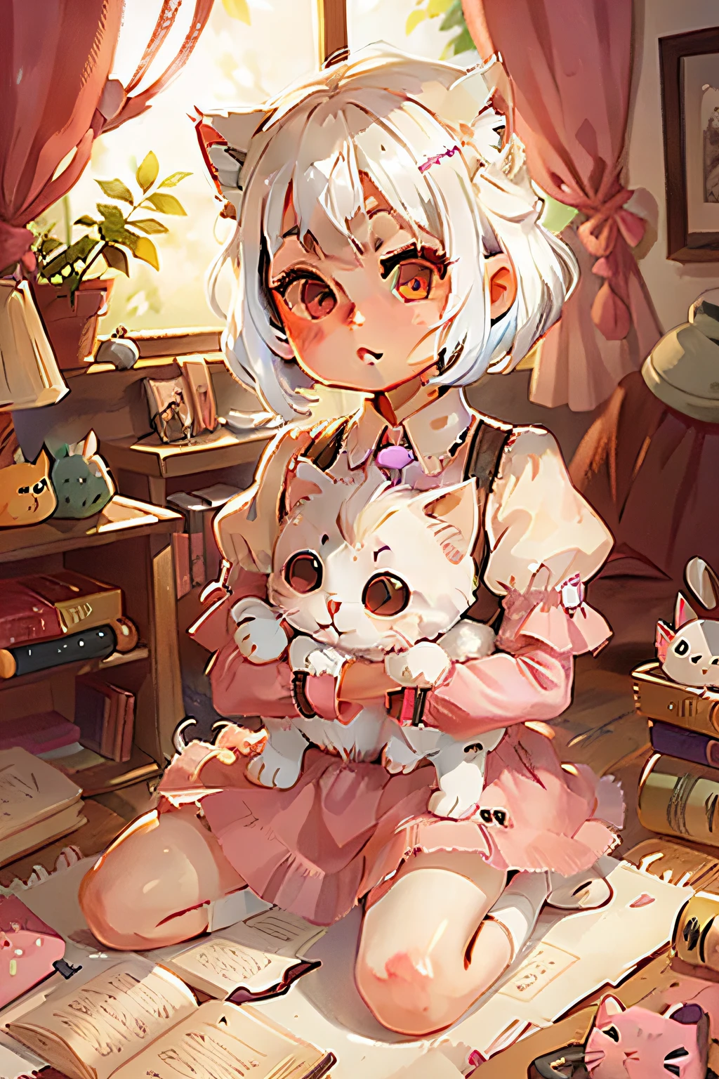 A kitten，White hair，adolable，tchibi，Pink eyes
