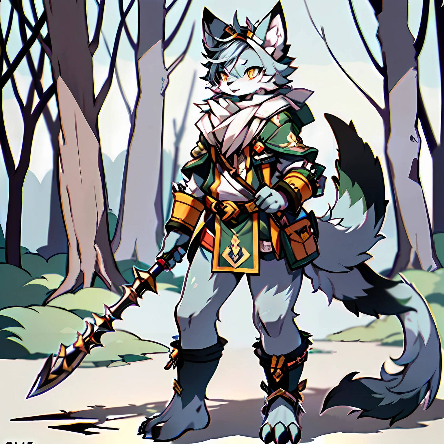 (Best Quality), (Masterpiece), ((Single 1.5)), (Super Detailed), (Furry), Full Body Furry, Furry, (Male Arctic Fox: 1.5), (Grey Skin: 1.3), (Gray Fur: 1.3), (Fluffy Tail: 1.2), Character Focus, (Golden Eyes), (Canine Paws), (Gray Ears), Sharp Focus, (Furry Animal Ears), ((Hunter Outfit)), ((monster_hunter_ style))