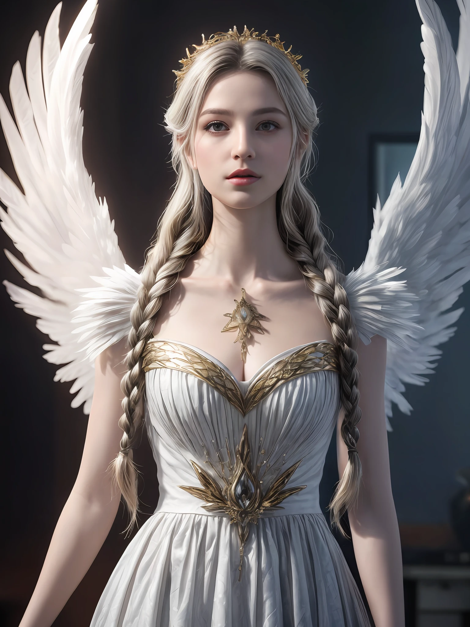 (masterpiece, best quality, photorealistic, highly detailed, octane render, unreal engine, 8k HD, hyper-detailed, realistic skin texture, best quality, ultra high res, raw photo, dramatic lighting, unreal engine, diffuse glow, dynamic pose), A female archangel with beautiful features would likely have striking, ethereal looks that would inspire awe and wonder in anyone who beheld her. She might have piercing blue or green eyes that seemed to glow with an inner light, framed by long lashes that brushed against her delicate cheekbones. Her skin might be porcelain pale, with a soft, rosy blush that highlighted her high cheekbones.
Her hair might be long and flowing, with strands of gold or silver that shimmered like starlight in the sun. It might be styled in intricate braids or loose waves that cascaded down her back, or perhaps pulled back into an elegant updo that showcased her graceful neck.
Her wings would be magnificent, with feathers as white as snow and shimmering with an otherworldly light. They might be large and imposing, giving her an aura of power and majesty, or perhaps delicate and intricate, reflecting her refined and elegant nature.
In short, a female archangel with beautiful features would be a vision of divine beauty, radiating grace, power, and wonder in all who beheld her