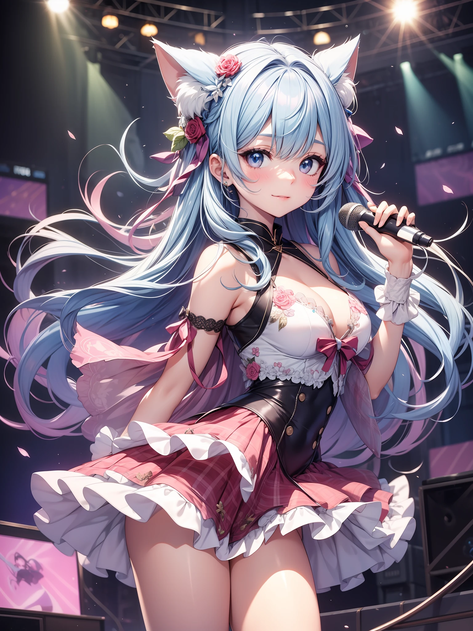 absurderes、ultra-detailliert、​masterpiece、top-quality、BREAK、Official art、（Beautifully Aesthetic：１.２）、（watercolor paiting：Curly）、BREAK、Devilish Pretty Girl 1.2、a beauty girl、Beautiful nasal muscles、BREAK（kawaii：⒈３）、sixteen years old、BREAK、colourful hair、Split Hair 1.1、Splash、（Mixed blue and pink hair１.２）、(フラクタルアート1.３)、BREAK、Cat's ears、A sexy、（Cat gloves、Fluffy hands）、BREAK、Like a cat's paw、Short socks、human - shaped、BREAK、AI Concert、BREAK、random eyes、BREAK、From Side、Look at viewers、BREAK、((Above the live stage))、Wedding costumes with ultra-detailed embroidery、Sing while holding the microphone with your left hand、Neon Detail Spotlight、BREAK、BREAK、Shyness、tension、red blush、happy facial expression、The best smile、BREAK、Versatile poses、BREAK、Standing、BREAK、(Cute panchira figure 1.1、Cute embroidered white string panties)、BREAK、