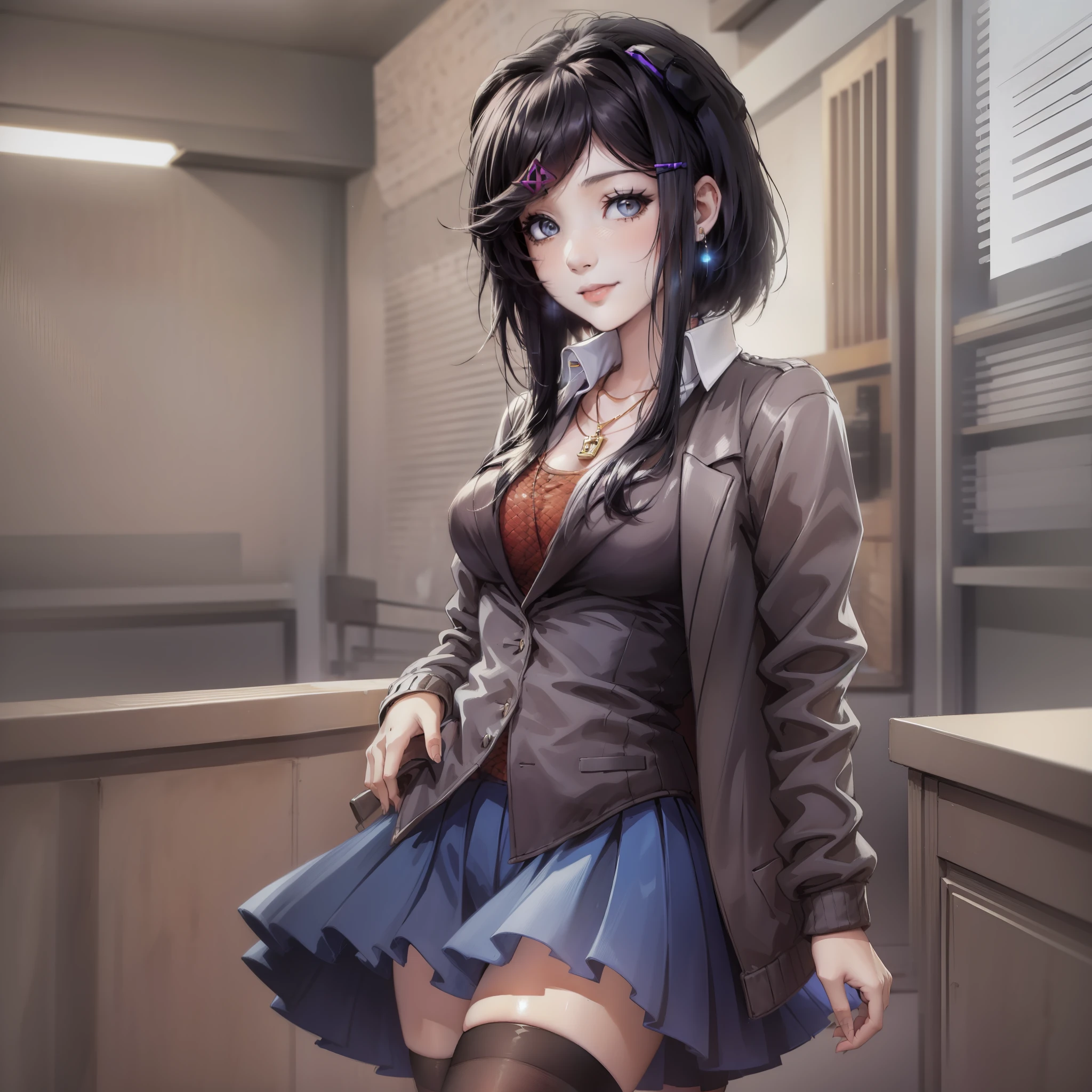 DDLCYURI, HAIR ORNAMENT, HAIRCLIP, LONG HAIR, (BLACK EYES:1.1), BLACK SHORT HAIR, GRIN, SMILE, BLAZER, BLOUSE, BLUE SKIRT, JACKET, BROWN JACKET, MINISKIRT, NECK RIBBON, RIBBON, SCHOOL UNIFORM, SHIRT, SKIRT, WHITE SHIRT, WING COLLAR, CASUAL CLOTHES, GREY SWEATER, MINISKIRT, PANTS, RIBBED SWEATER, SKIRT, SWEATER, TURTLENECK, TURTLENECK SWEATER, black eyes with eyeliner, puffy black hair scene emo, short emo hair, hair ornament, hair clip, medium boobs, school uniform, jacket, short hair, pleated skirt, skirt, blue skirt, ((blush)), indoors, in a classroom, necklace cross, earrings, emo, scene, fashioncore, black stockings, emo hair, gothic, lip piercing, nasal septum, emo, visual kei, Emo girl, poffy hair, DDLC, Emo style