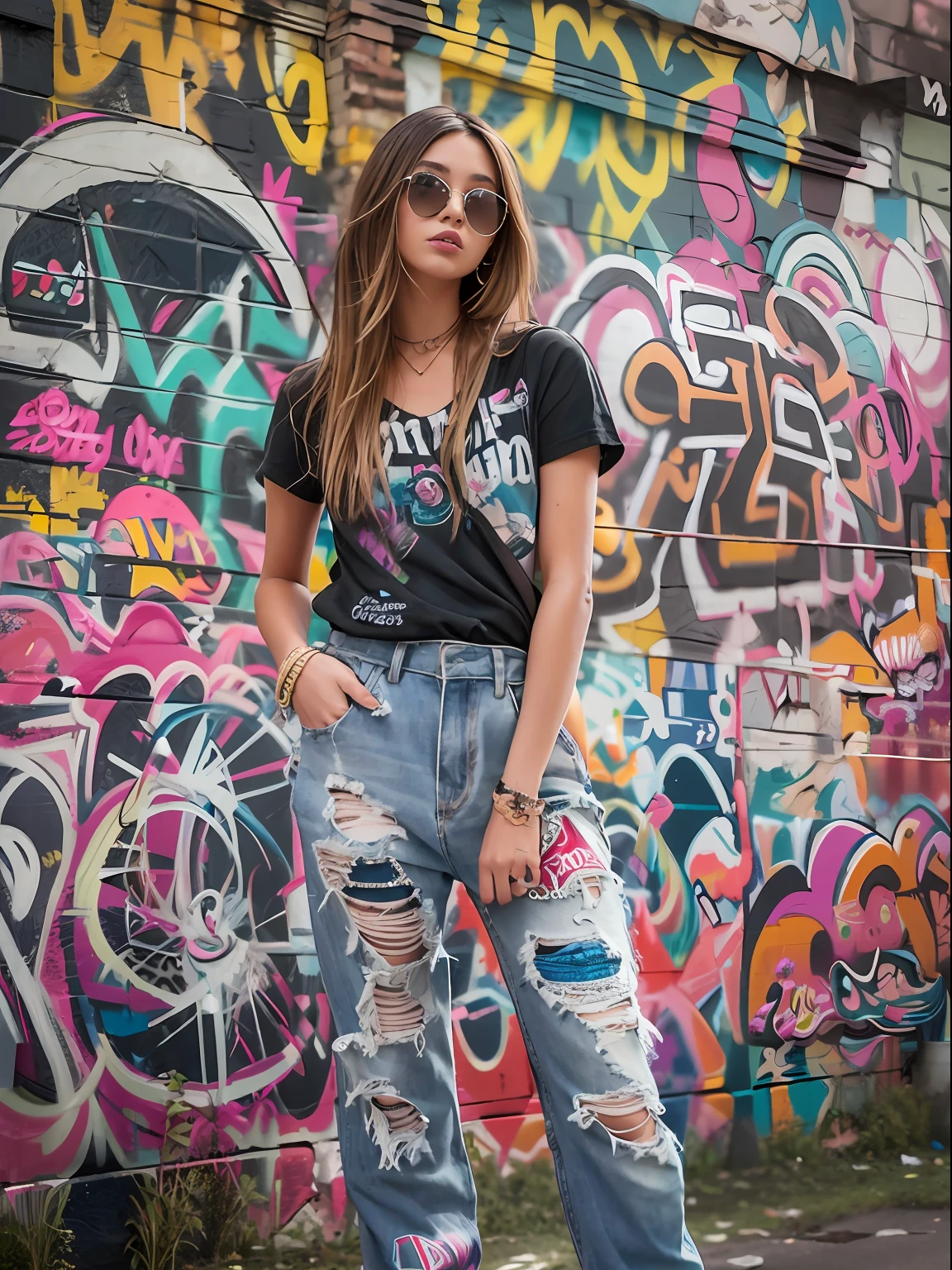 Fashion model photography, fashion trend girl, summer, street style, full body, Street graffiti wall in the background，The walls are all graffiti in English，dream space --s 750 --q 2 --v 5.1