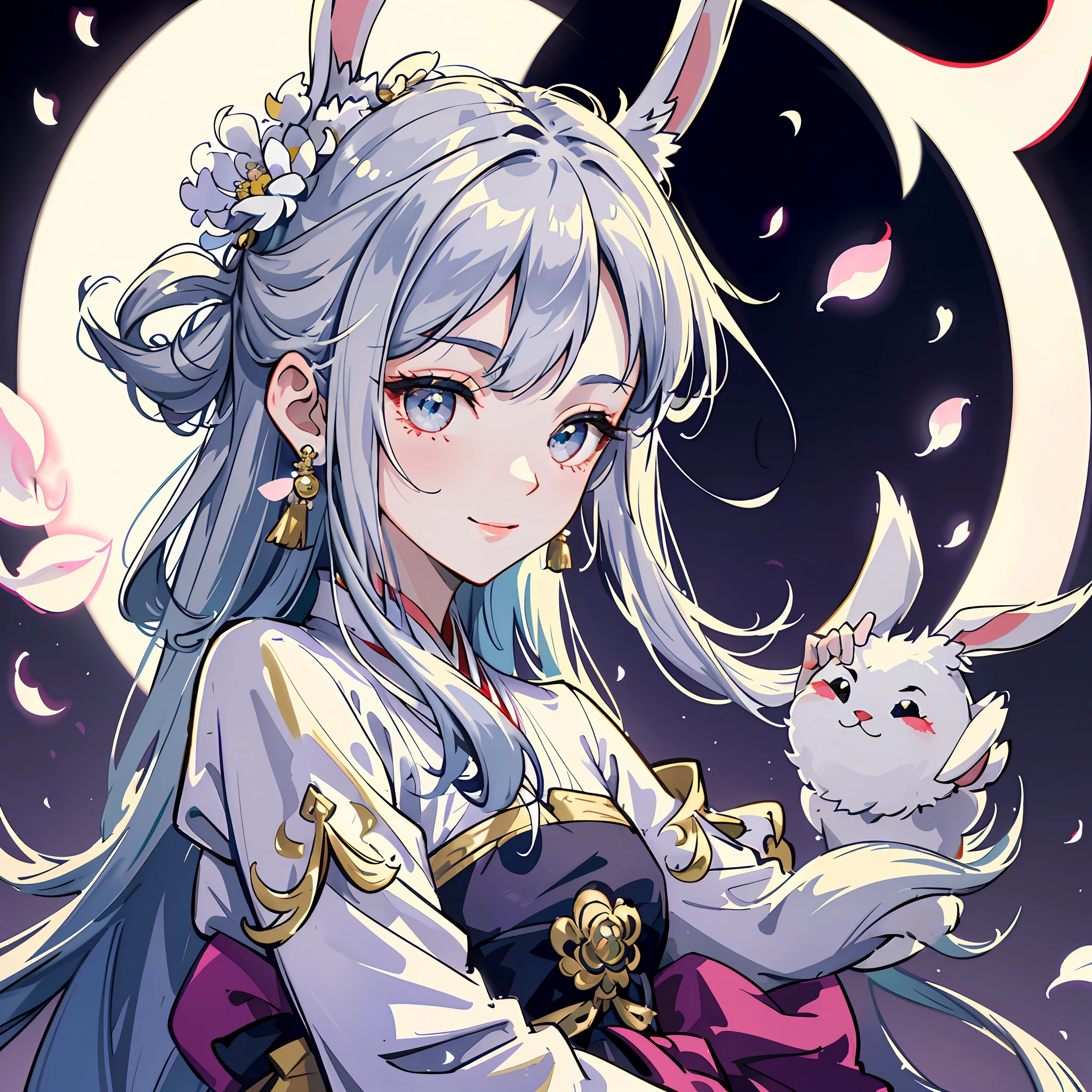 Kizi,silber hair,Rabbit ears,ssmile,The moon in the sky,Stars in the sky,tmasterpiece,Delicate and agile eyes,Intricate damask hanfu,Gorgeous accessories,Wearing pearl earrings,Close-up of the head,f/1.8,Petals flying,Frontal portrait shot
