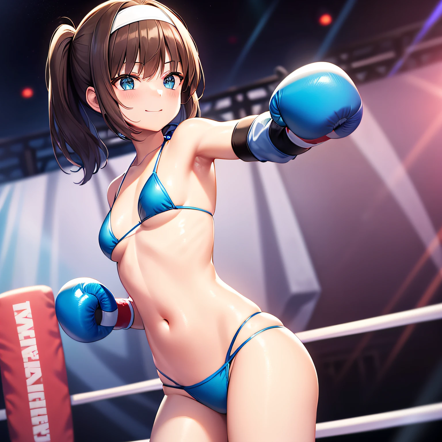 top-quality、extremely delicate and beautiful、、small tits、((((Solo Girl))))、11years olirl、(darrown hair)、((((Blue Micro Bikini))))、((((poneyTail))))、(white hairband)、(Brown boots)、blue eyess、is standing、A smile、professional wrestling、Crowd Circle View、professional wrestling、spectator seats、Crowd Circle View、Fights in boxing、Fighting、Facing the front、Stand alone in the ring、(((Boxing gloves)))