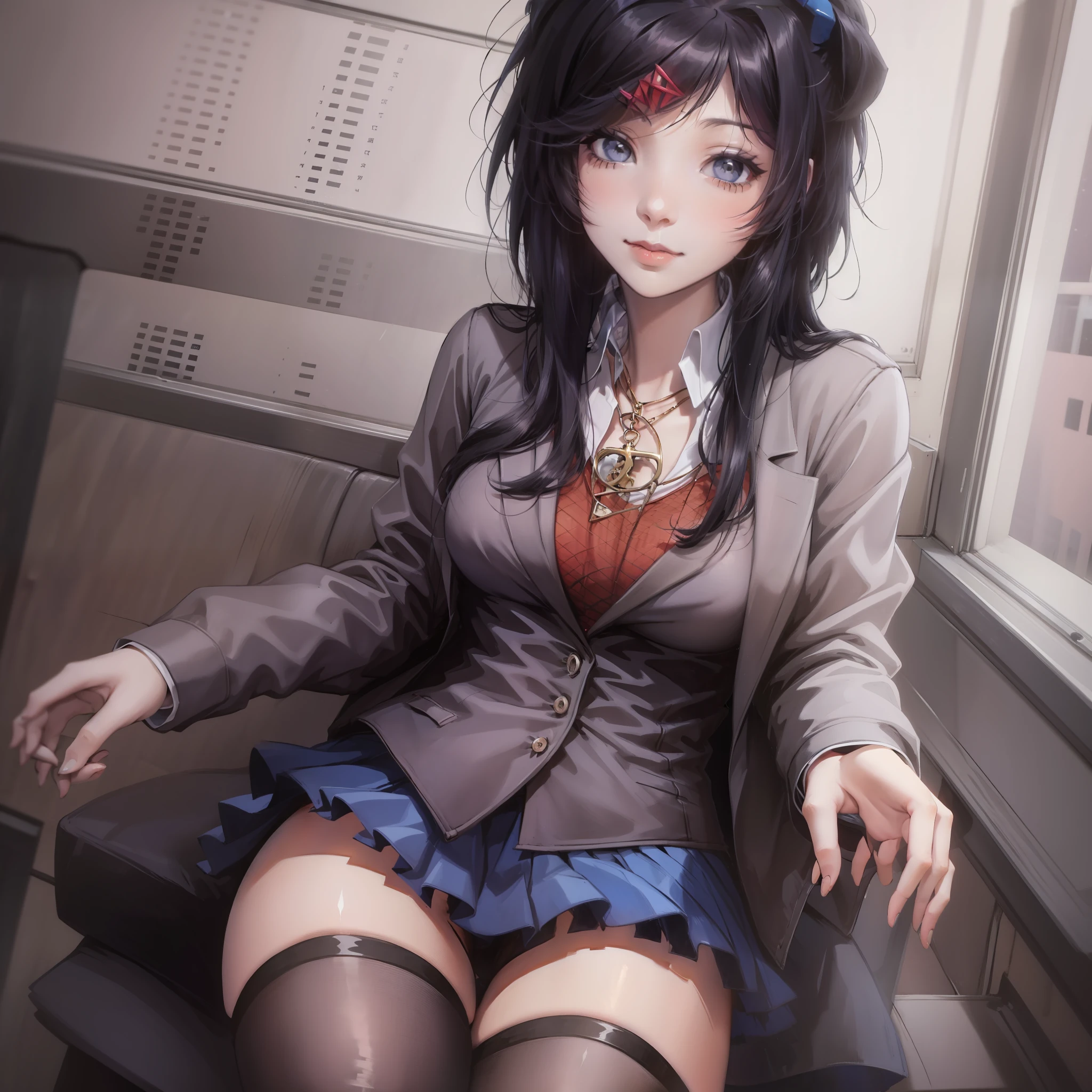 DDLCYURI, HAIR ORNAMENT, HAIRCLIP, LONG HAIR, (BLACK EYES:1.1), BLACK SHORT HAIR, GRIN, SMILE, BLAZER, BLOUSE, BLUE SKIRT, JACKET, BROWN JACKET, MINISKIRT, NECK RIBBON, RIBBON, SCHOOL UNIFORM, SHIRT, SKIRT, WHITE SHIRT, WING COLLAR, CASUAL CLOTHES, GREY SWEATER, MINISKIRT, PANTS, RIBBED SWEATER, SKIRT, SWEATER, TURTLENECK, TURTLENECK SWEATER, black eyes with eyeliner, puffy black hair scene emo, short emo hair, hair ornament, hair clip, medium boobs, school uniform, jacket, short hair, pleated skirt, skirt, blue skirt, ((blush)), indoors, in a classroom, necklace cross, earrings, emo, scene, fashioncore, black stockings, emo hair, gothic, lip piercing, nasal septum, emo, visual kei, Emo girl, poffy hair, DDLC, Emo style