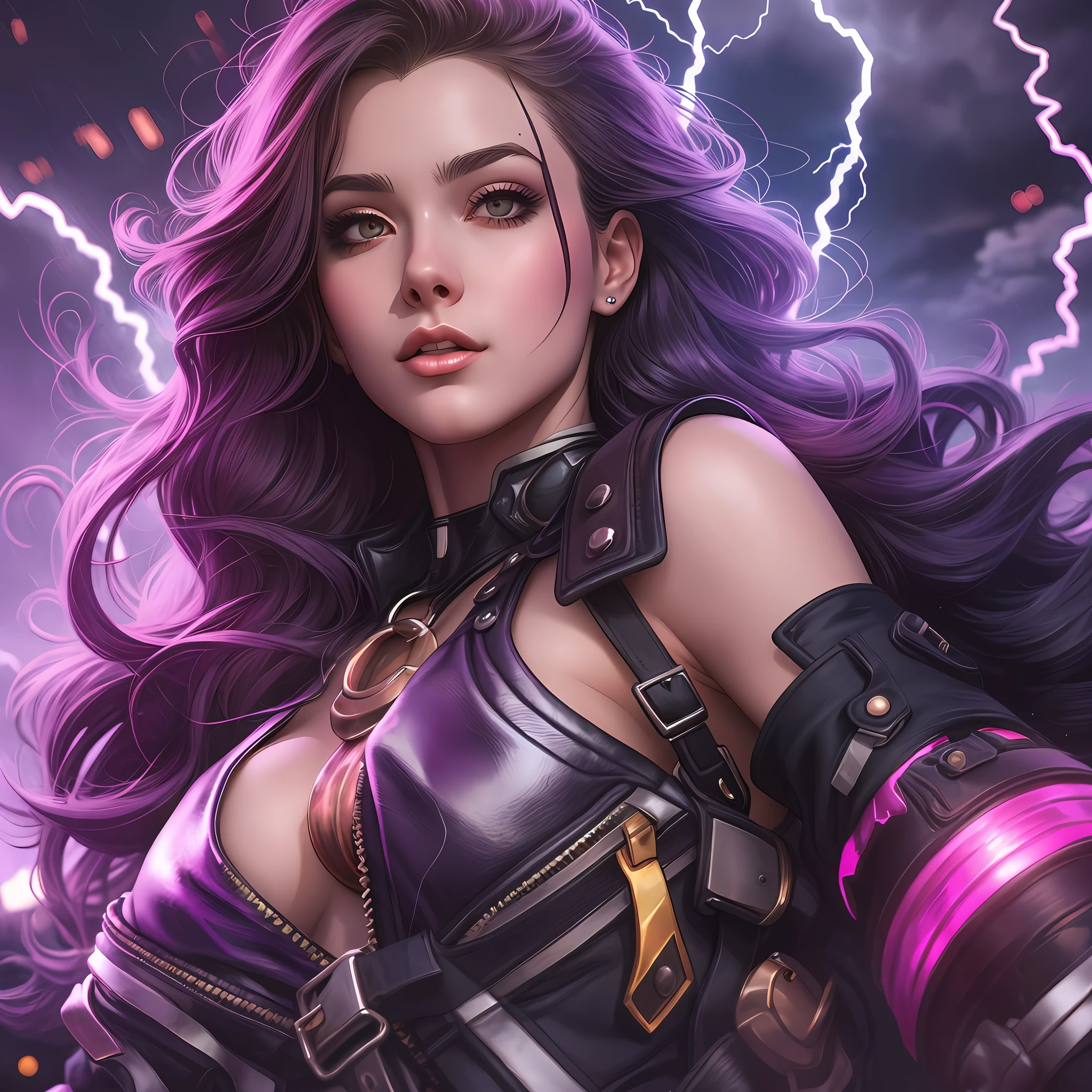 um close up de uma mulher com cabelo roxo e um top preto, desenhado no estilo de Artgerm, Modelo IG | Artgerm, Alena Aenami e Artgerm, splashes of lightning behind her, Ross Tran 8 K, Artgerm extremamente detalhado, cyberpunk sonhadora, em estilo de Artgerm, estilo de arte realista