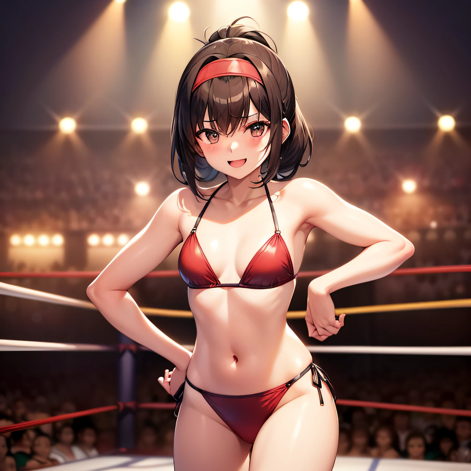 top-quality、extremely delicate and beautiful、（One Person）、(small tits)、Girly、Girly、( old  girl)、(Dark hair)、(maikurobikini)、((poneyTail))、(red hairband)、(Brown boots)、A smile、professional wrestling、Crowd Circle View、professional wrestling、spectator seats、Crowd Circle View、Fights in professional wrestling、Fighting、Rise to the pinnacle of professional wrestling、Facing the front、Hands on the hips、Stand alone in the ring