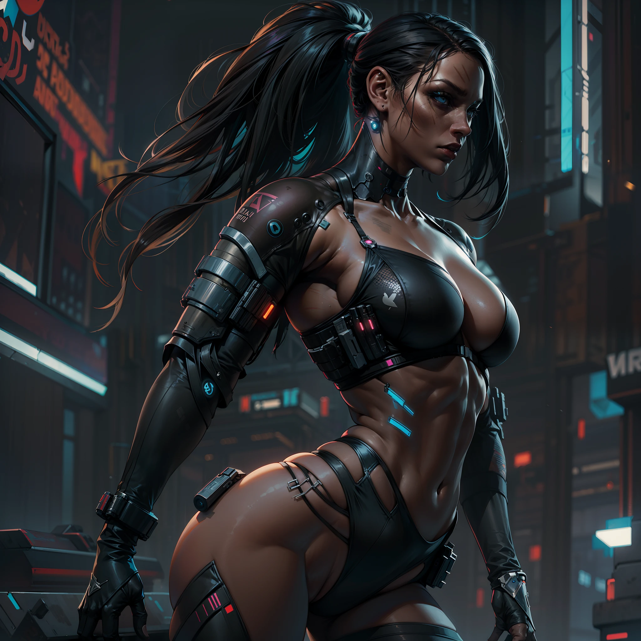 female cyborg, Assassin,  (perfect anatomy), (sports body), (Sexual), (thick-thighs), (perfect arms), Cyberpunk 2077 Style, Dark ambient