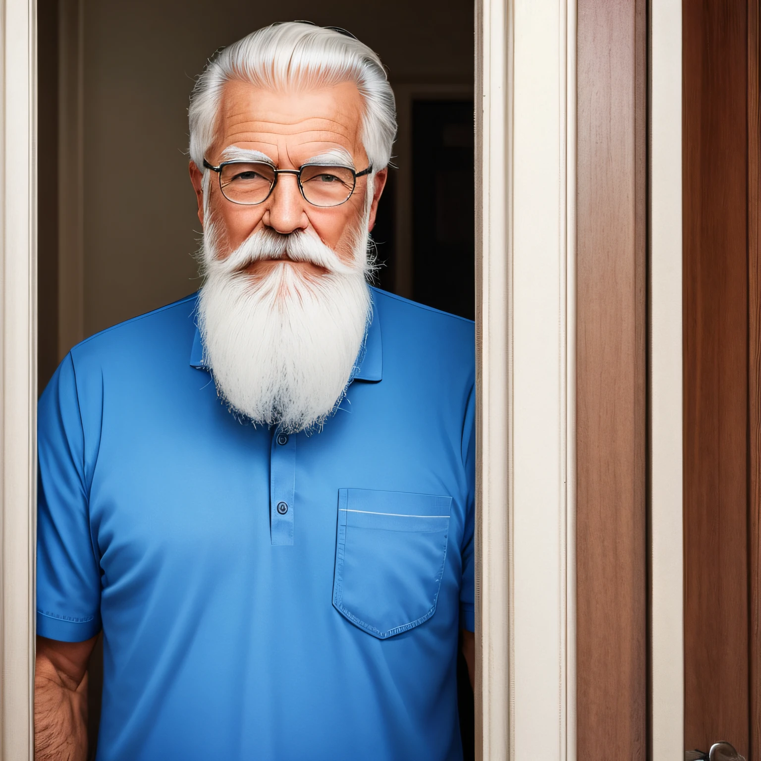 foto realista de Homem de 80 anos, Caucasian with white beard and blue shirt standing in front of a door, cabelos brancos e barba branca, cabelos brancos e barba, cabelos brancos e barba branca, barba e cabelo brancos arrumados, barba branca completa, cabelos e barba prateados --auto