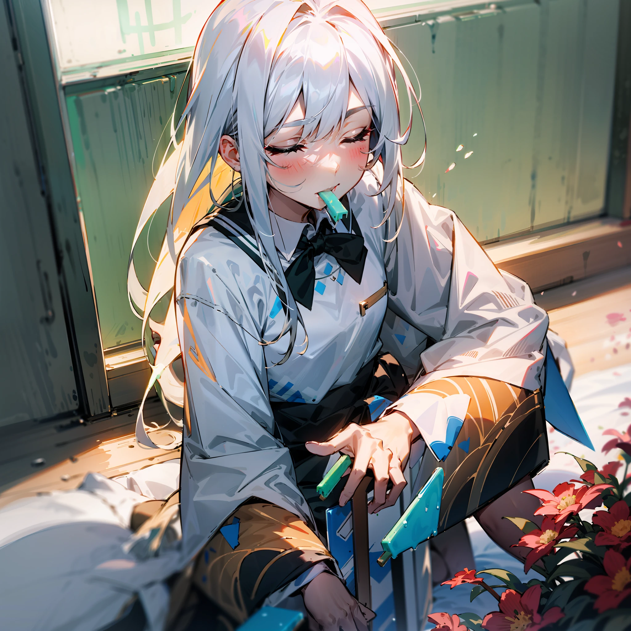 closing her eyes,Eating cylindrical green popsicles,Enjoyed the look