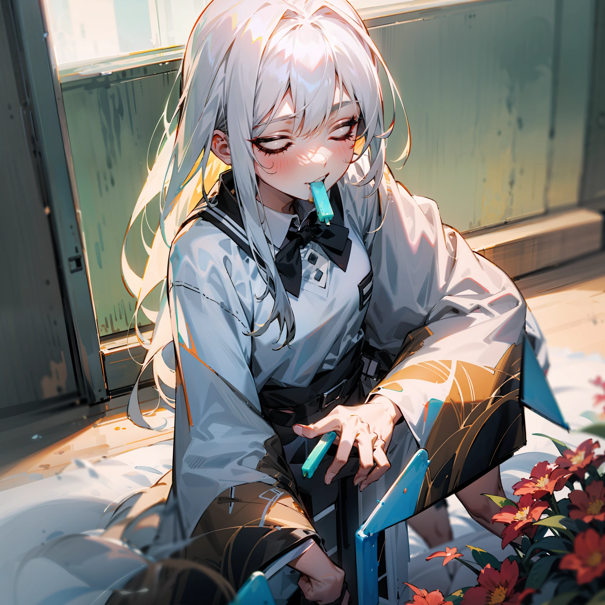 closing her eyes,Eating cylindrical green popsicles,Enjoyed the look